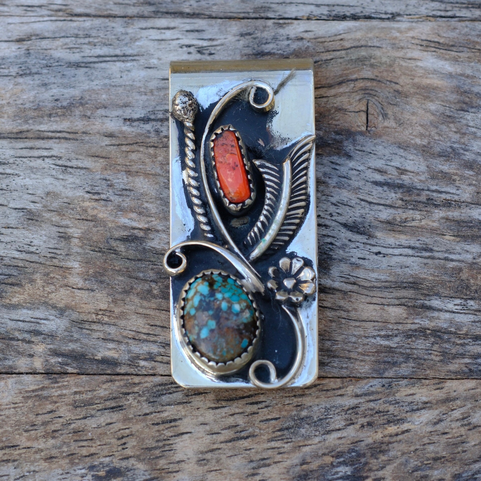Vintage Turquoise and Coral Feather Money Clip