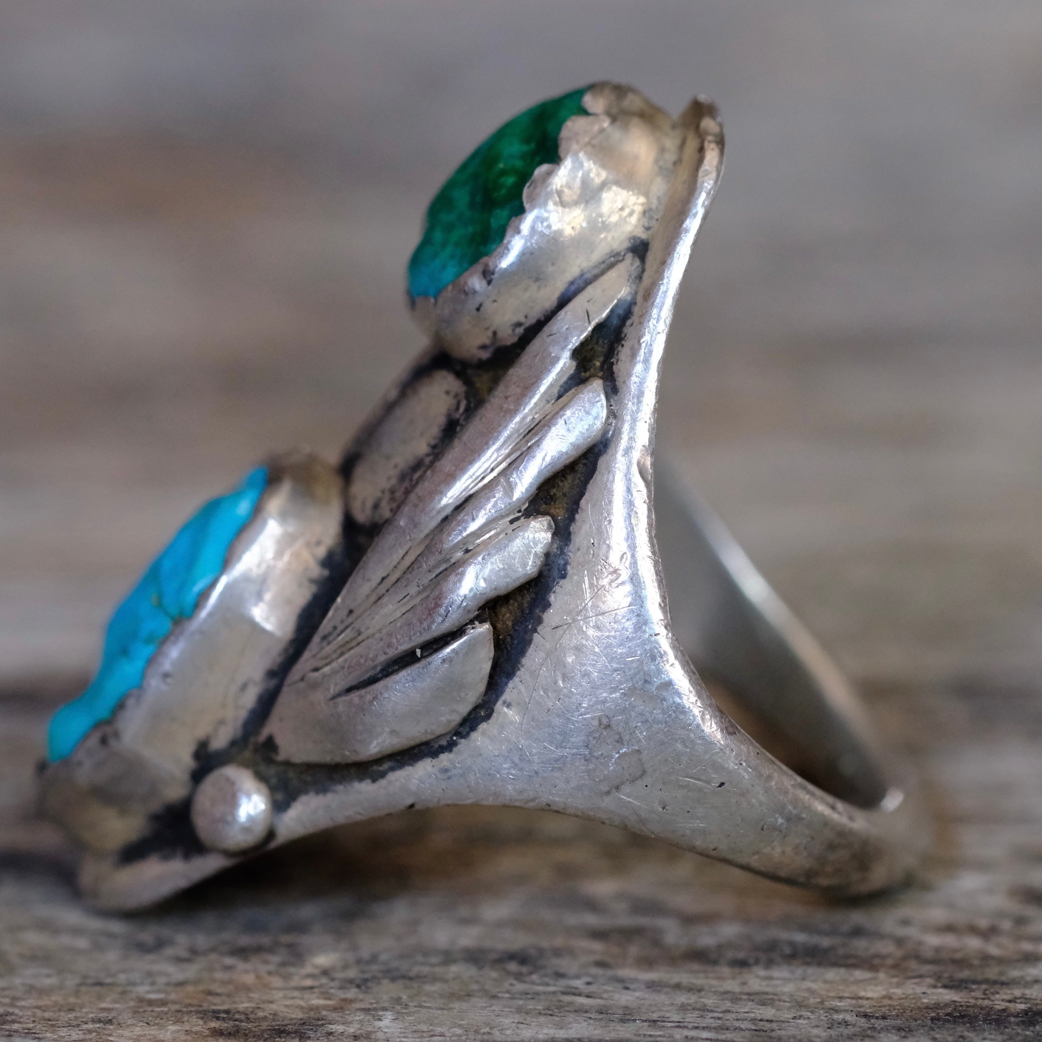Vintage Sterling 2-Stone Turquoise Ring 8.75