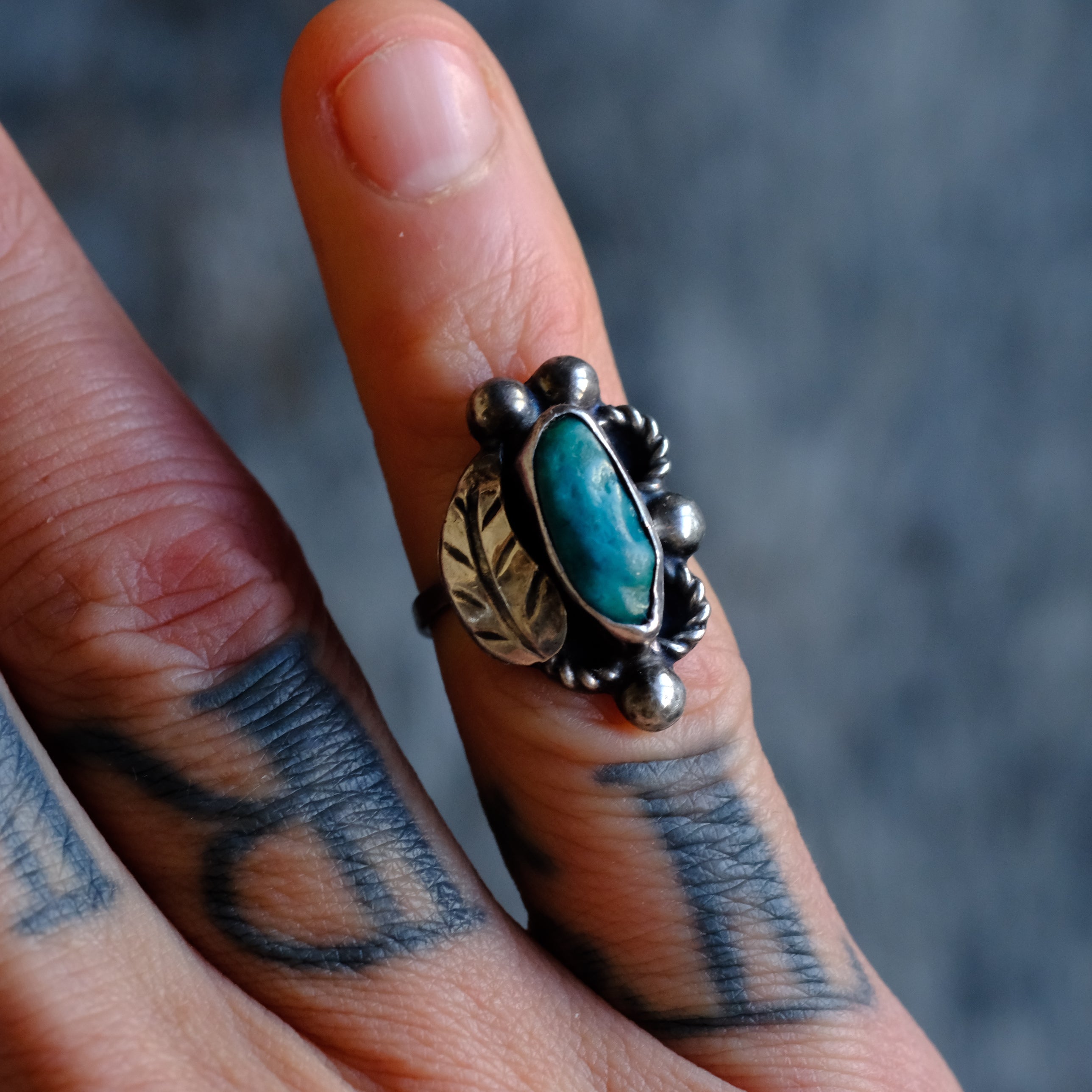 Vintage Sterling Turquoise Feather Ring 4.5