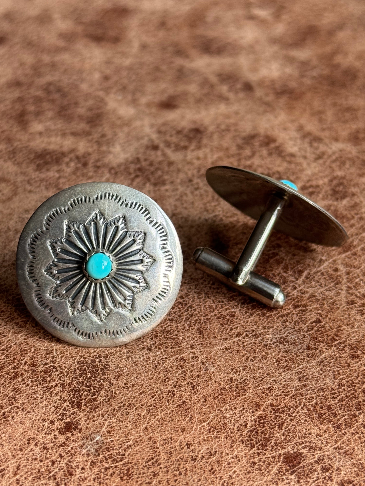 Vintage Sterling Silver Stamped Turquoise Concho Cufflinks