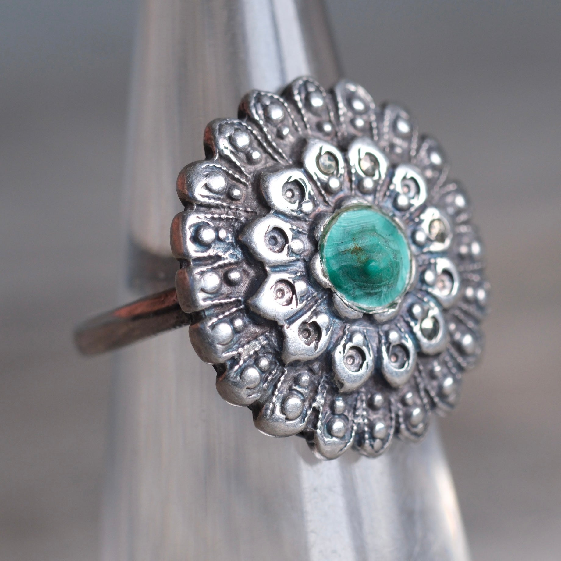 Vintage Sterling Turquoise Floral Ring 4.25