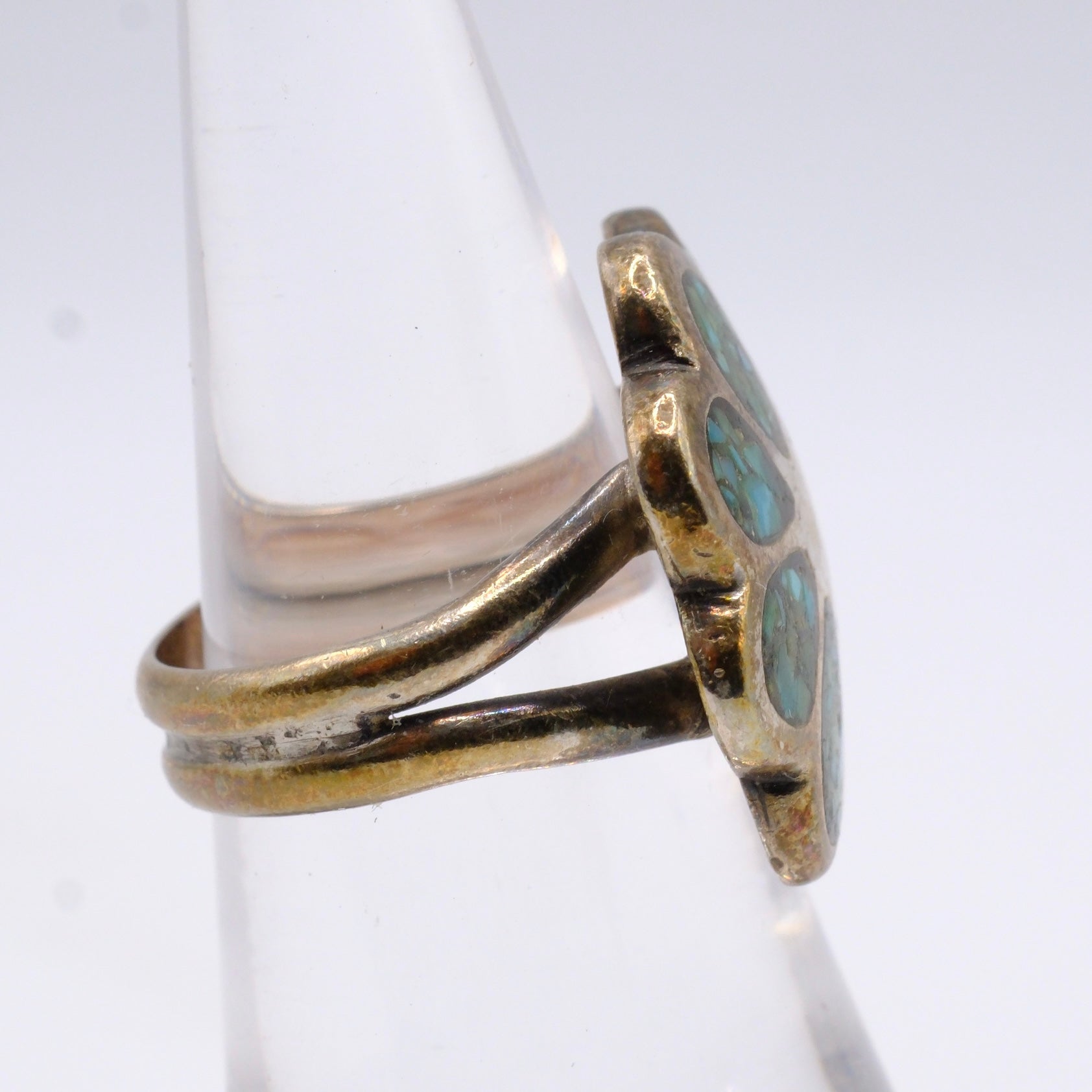 Vintage Sterling Turquoise Inlay Floral Ring 6.25