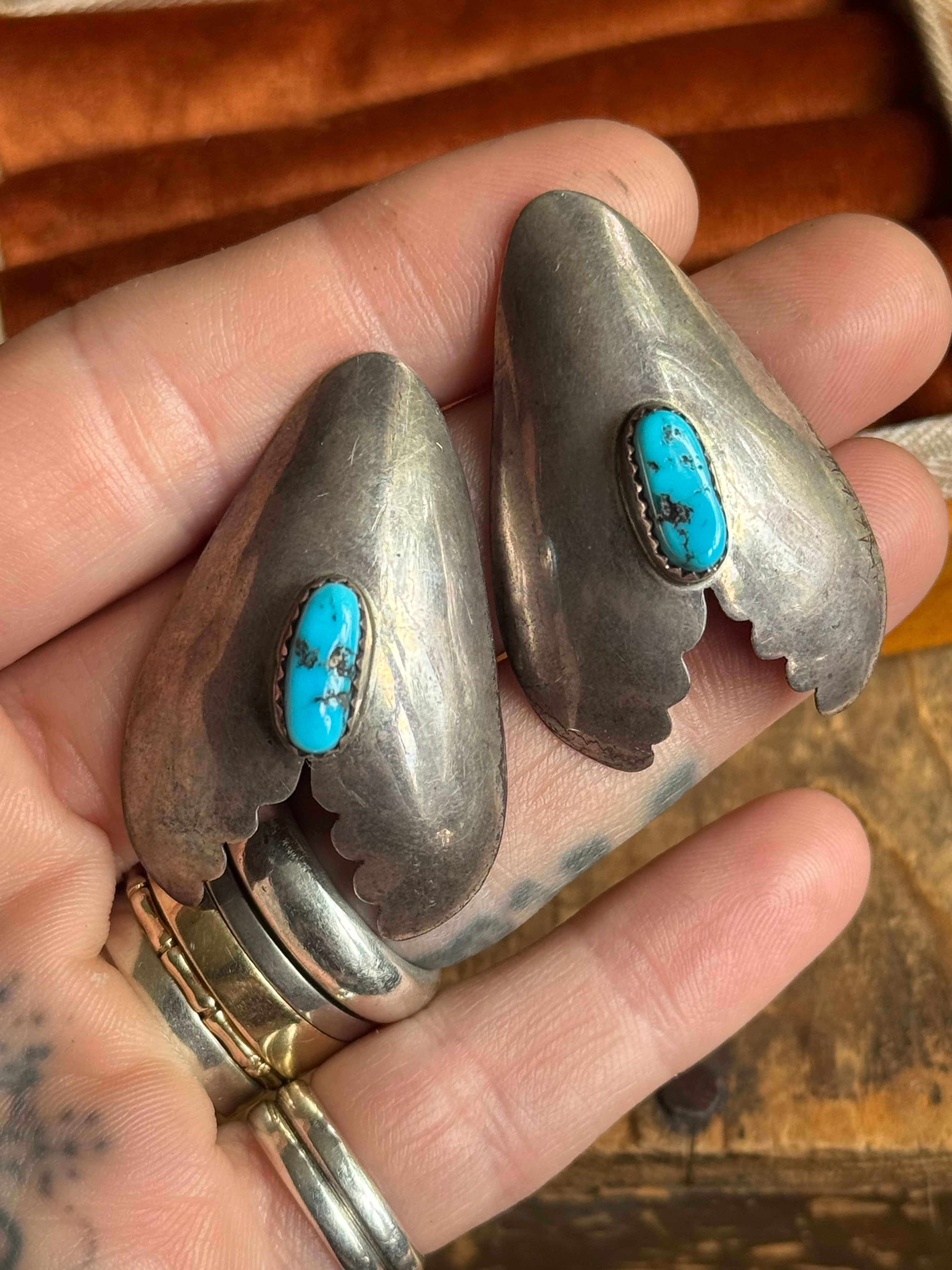 Vintage Sterling Silver Turquoise Shield Earrings
