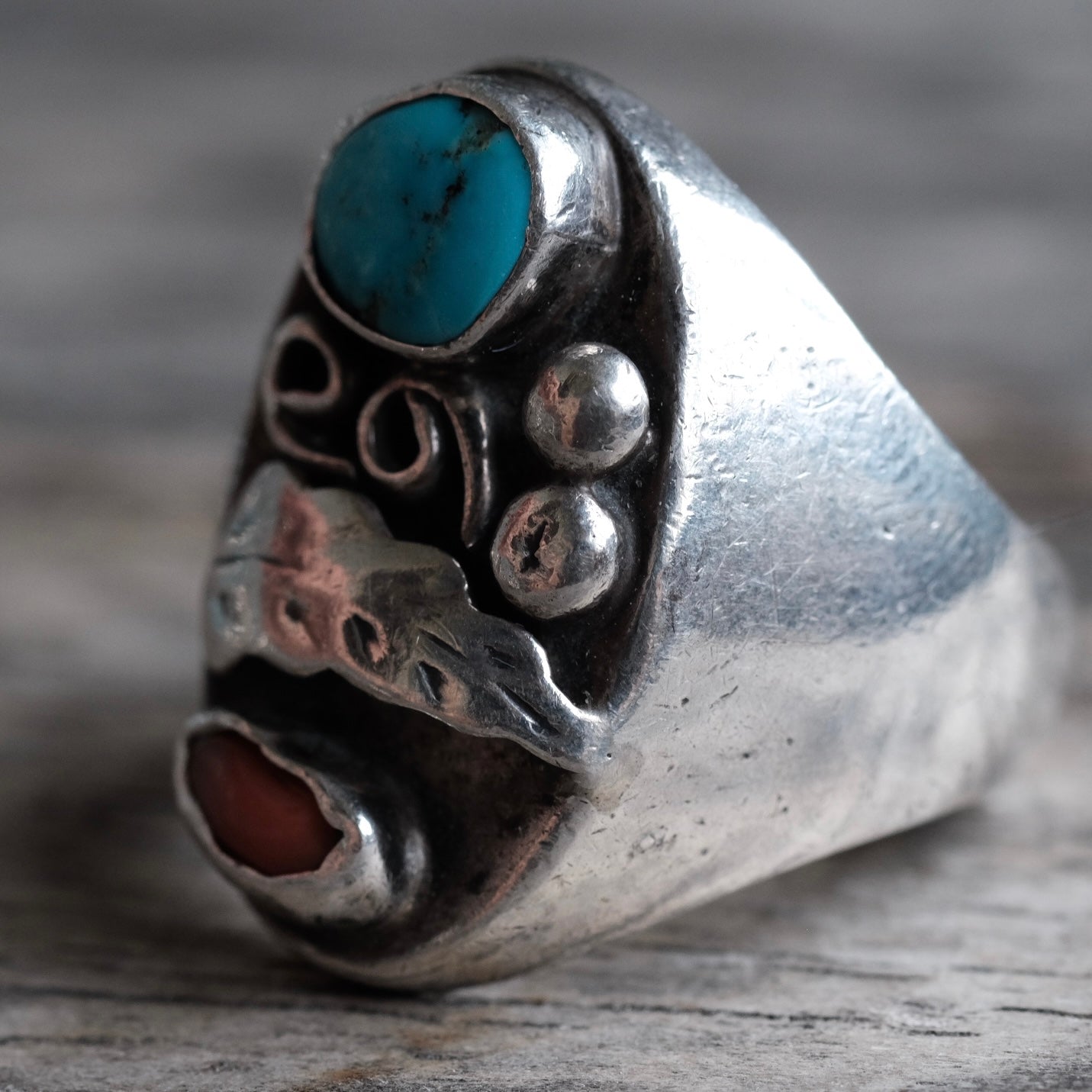 Vintage Sterling Turquoise and Coral Feather Ring 9