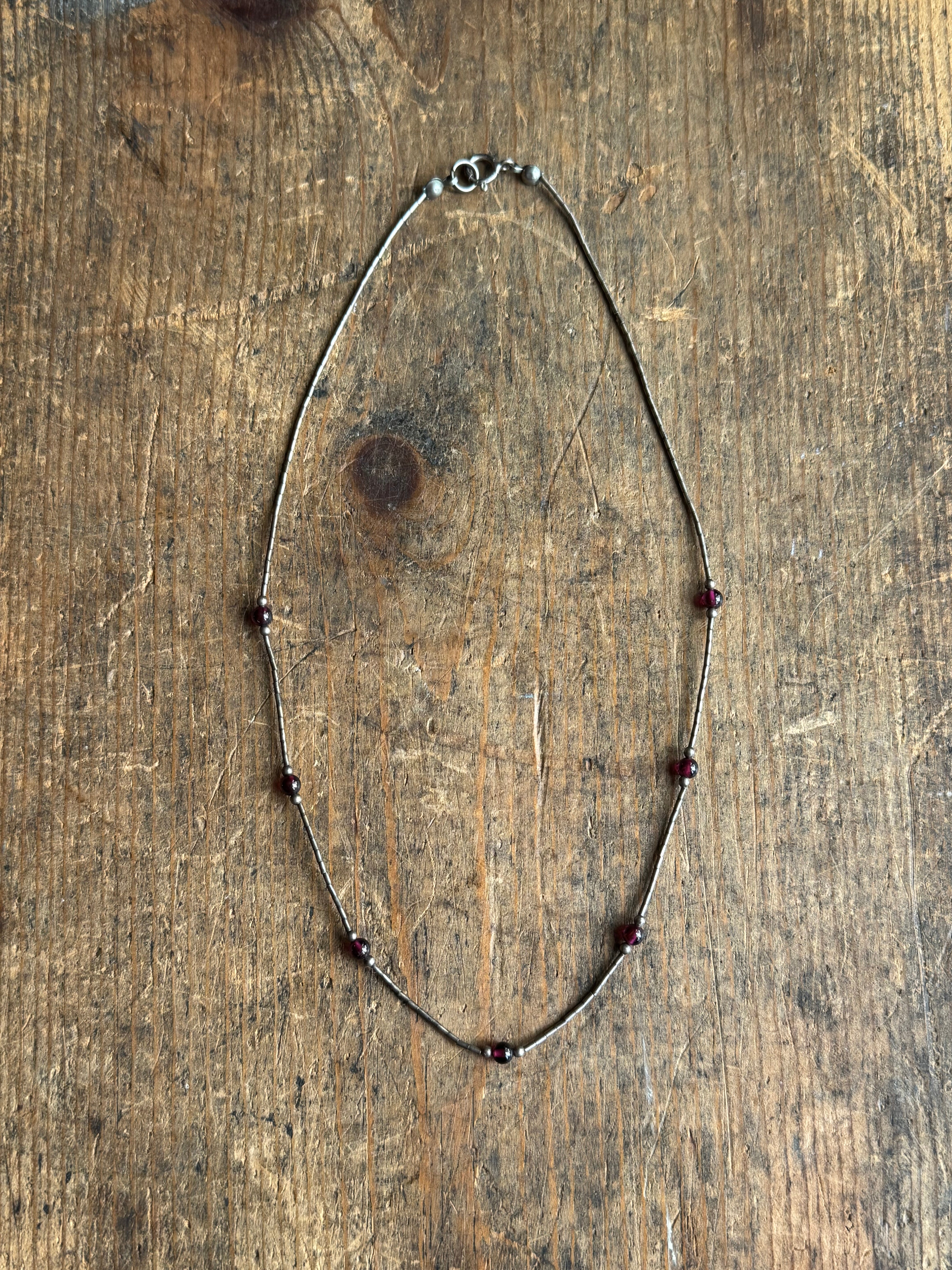 Vintage Sterling Silver 16” Garnet & Silver Bead Necklace