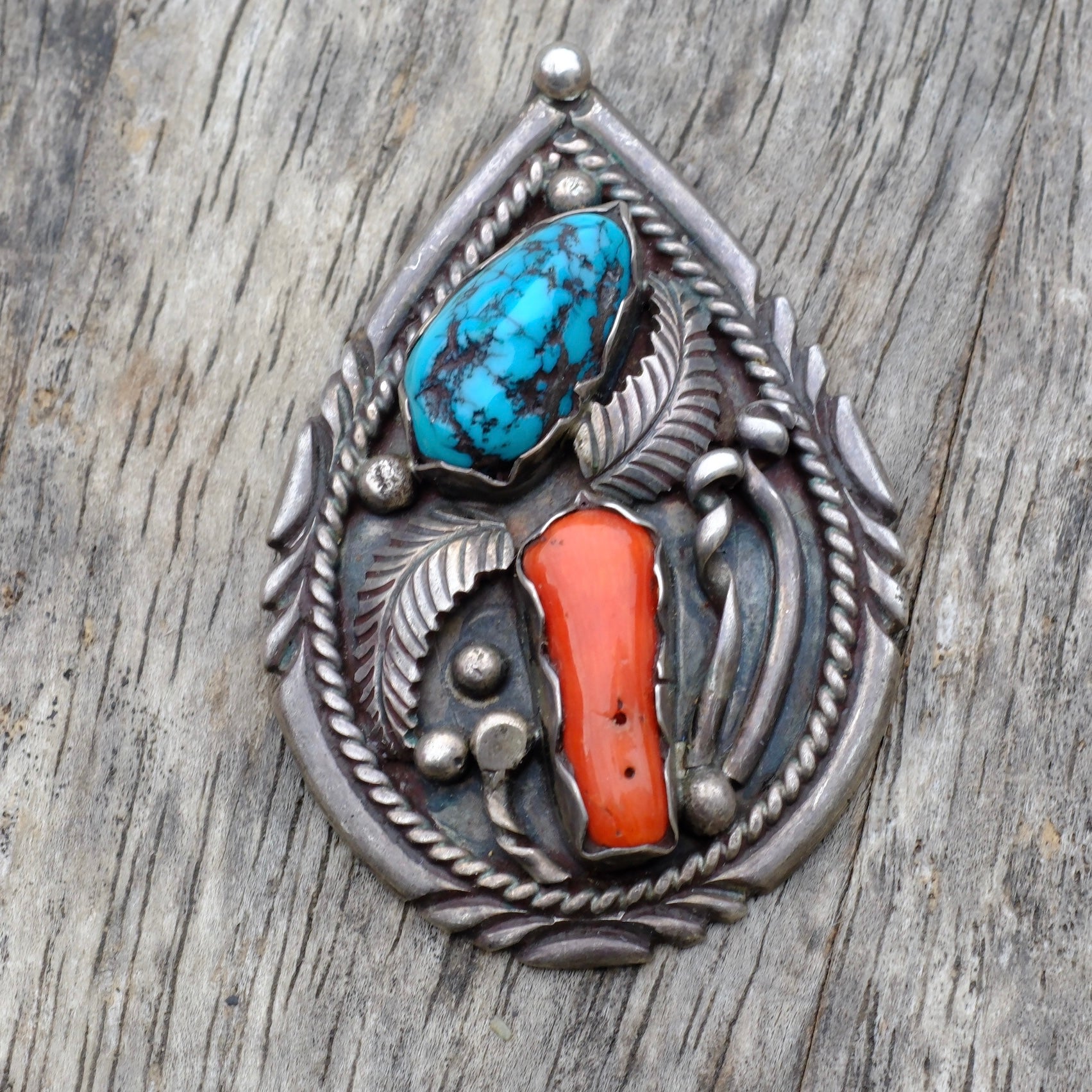 Huge Vintage Sterling Turquoise and Coral Feather Pendant