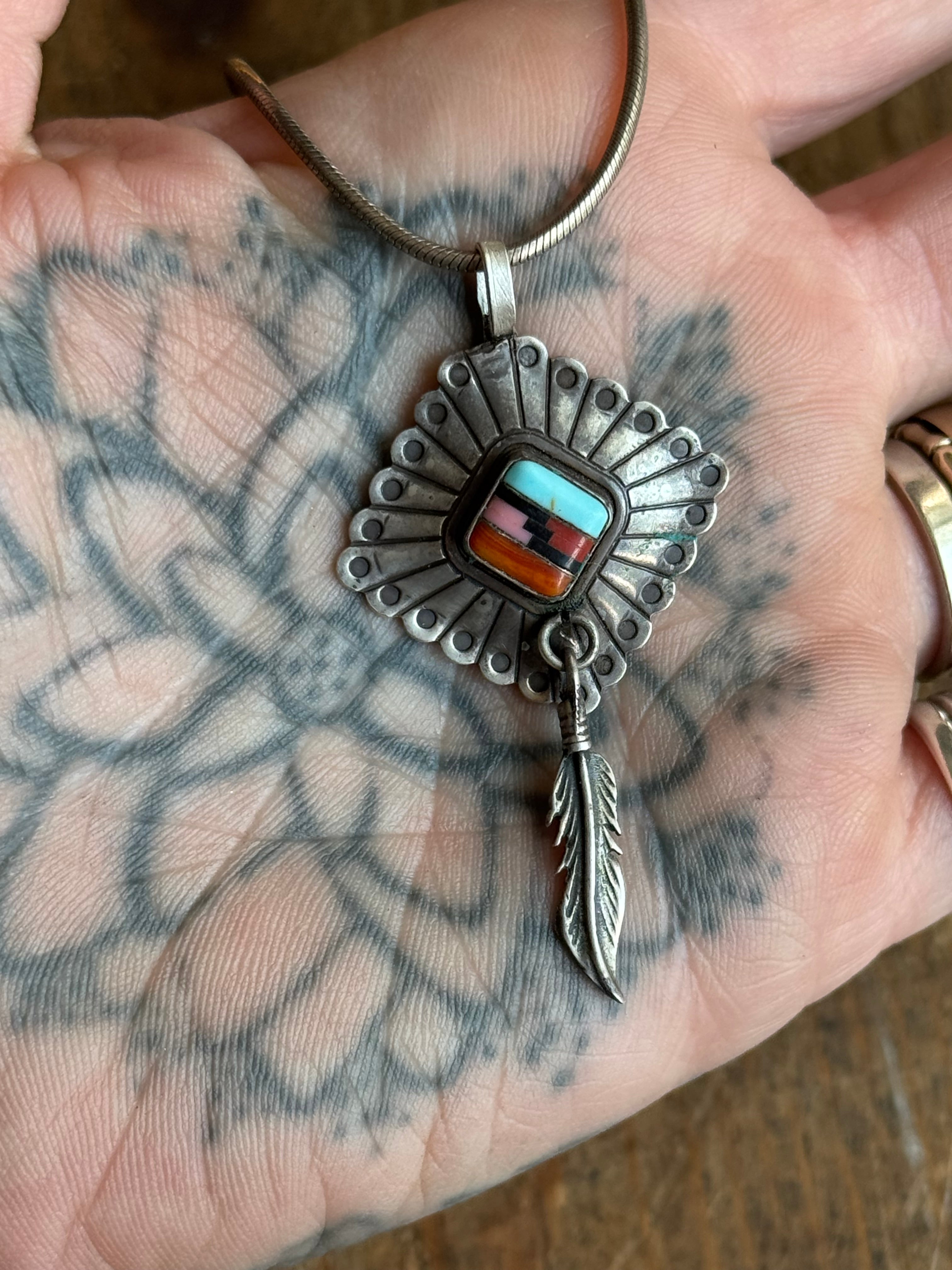 Vintage Sterling Silver Multistone Inlay Feather Concho 18" Necklace