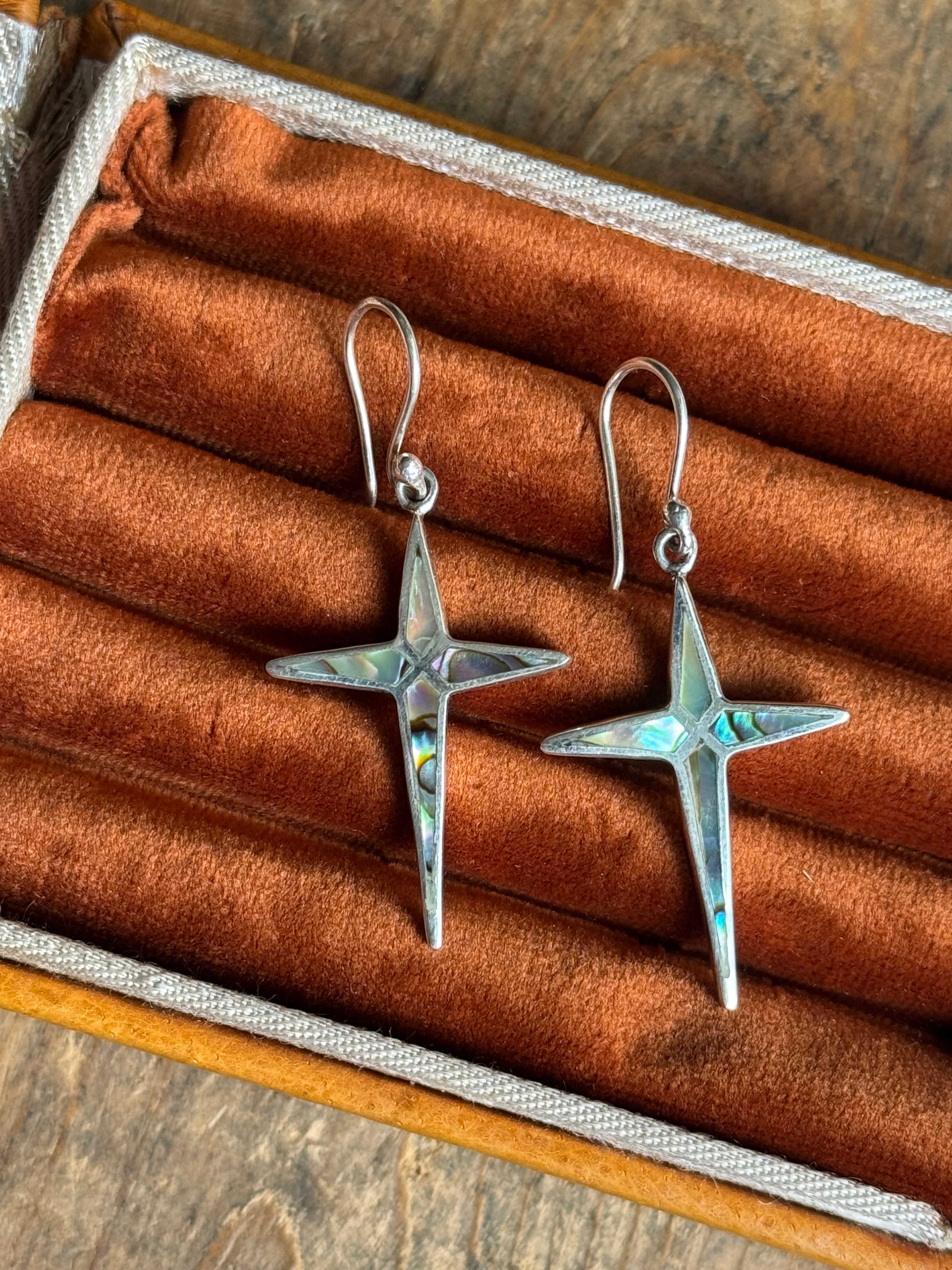 Vintage Sterling Silver Abalone Inlay Cross Earrings