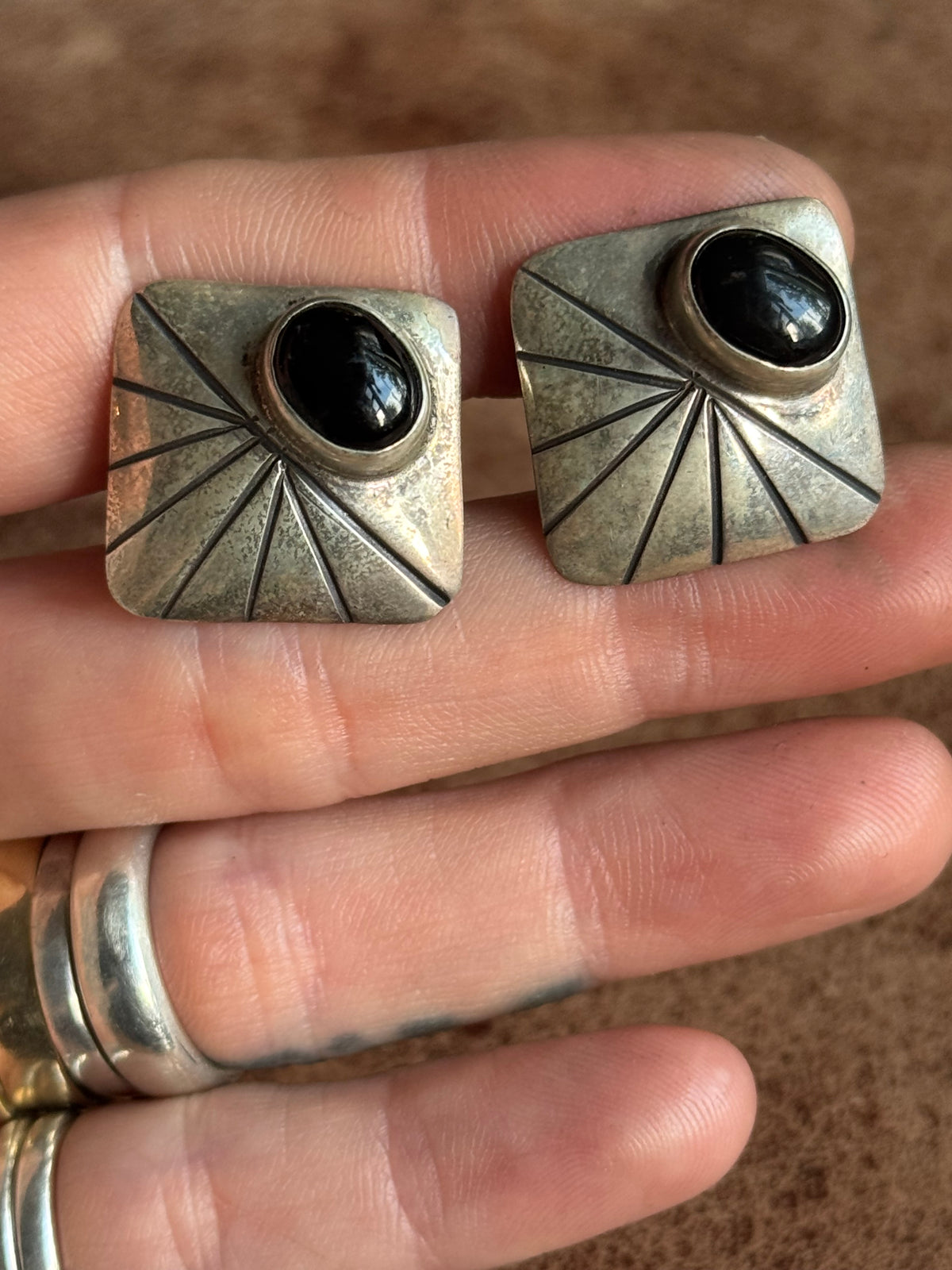 Vintage Sterling Silver Stamped Onyx Square Cufflinks