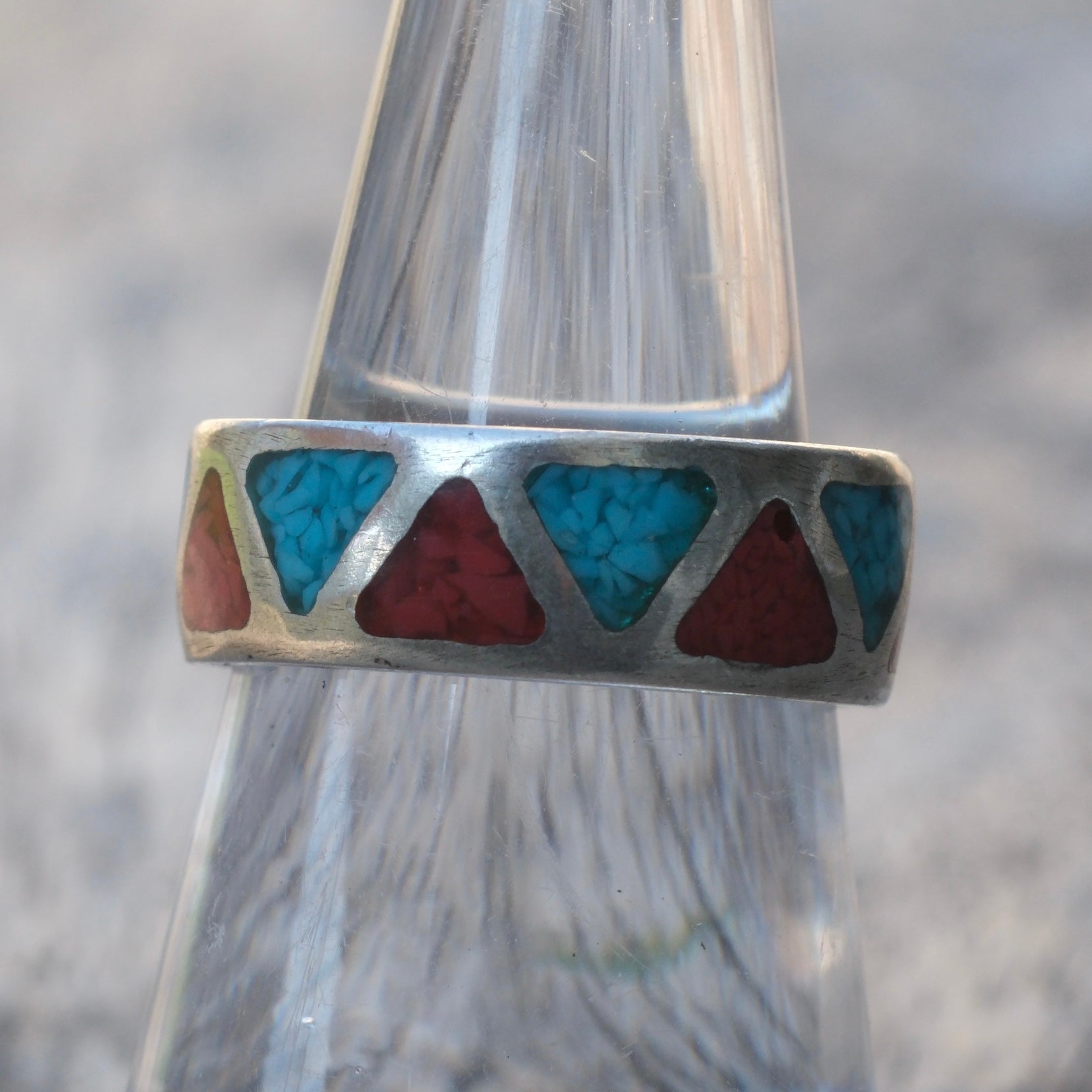Vintage Sterling Turquoise and Coral Inlay Band 6.75