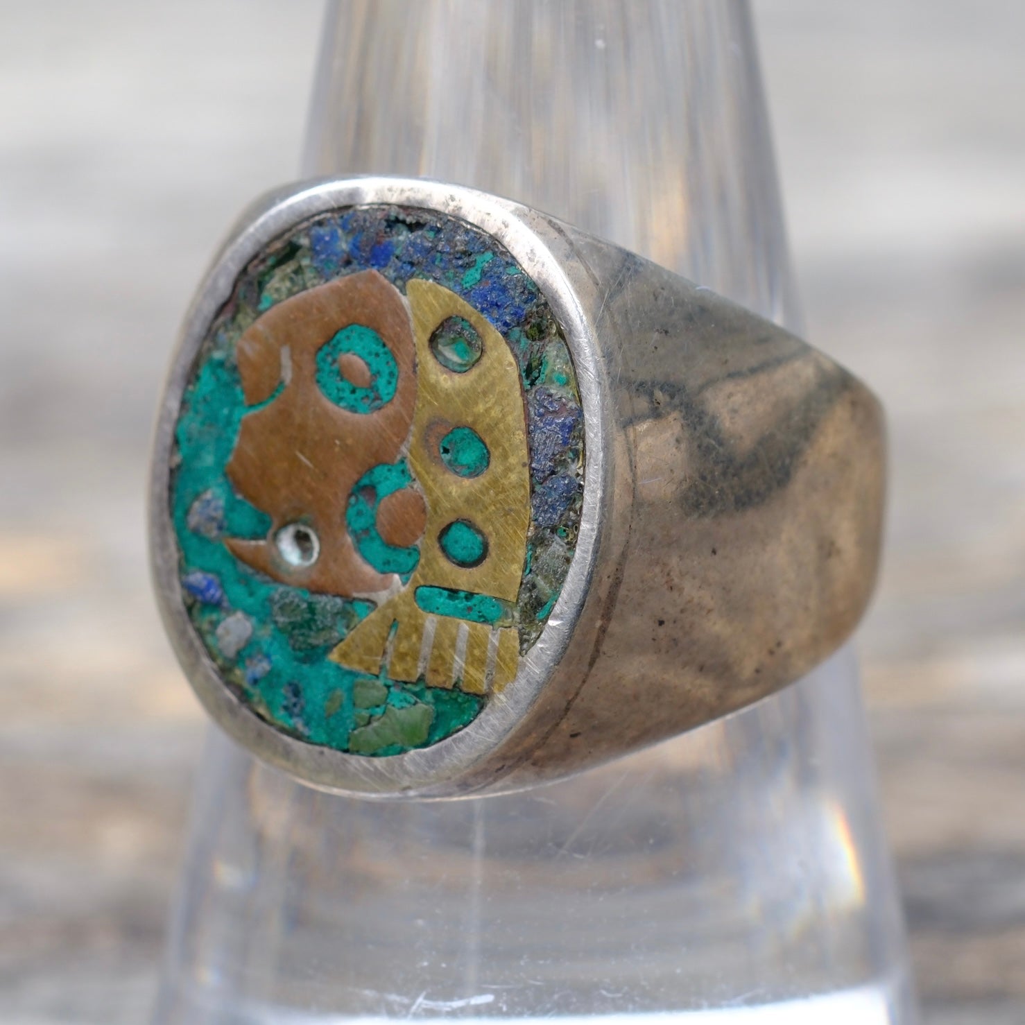 Vintage Sterling Turquoise Inlay Taxco Ring 8.75