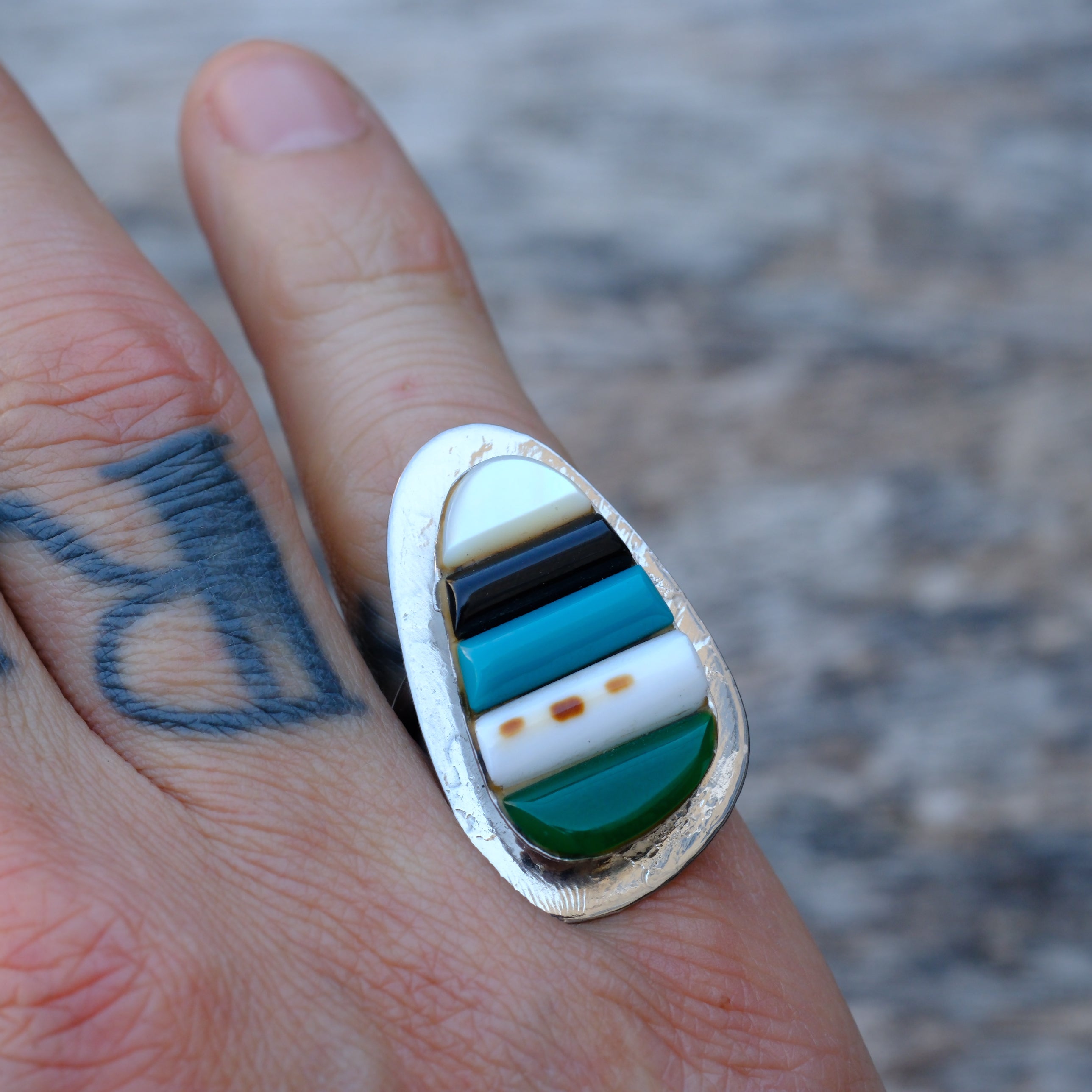 Vintage Sterling Multistone Inlay Ring 5