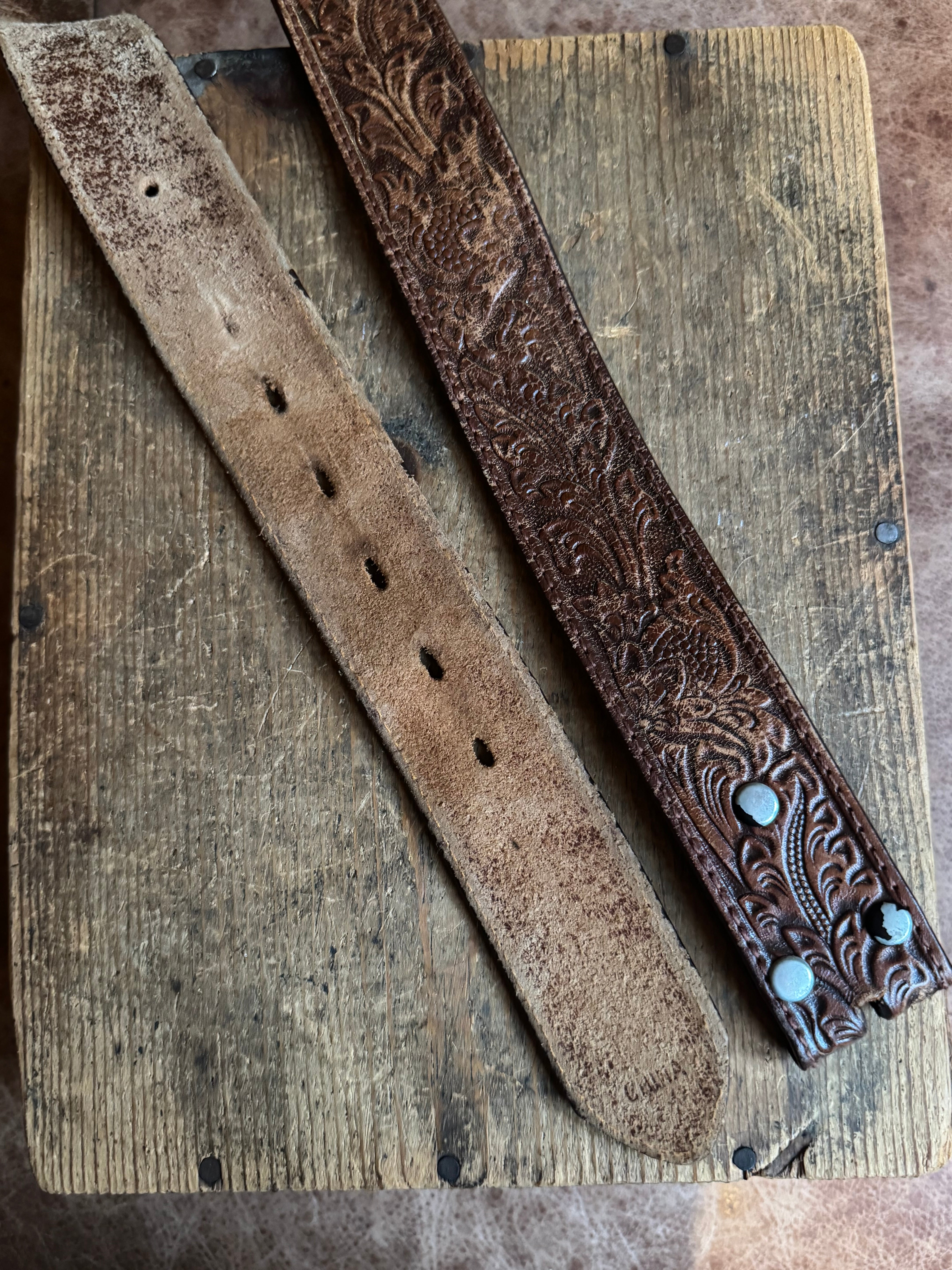 Vintage Cognac Leaf Tooled Leather Belt
