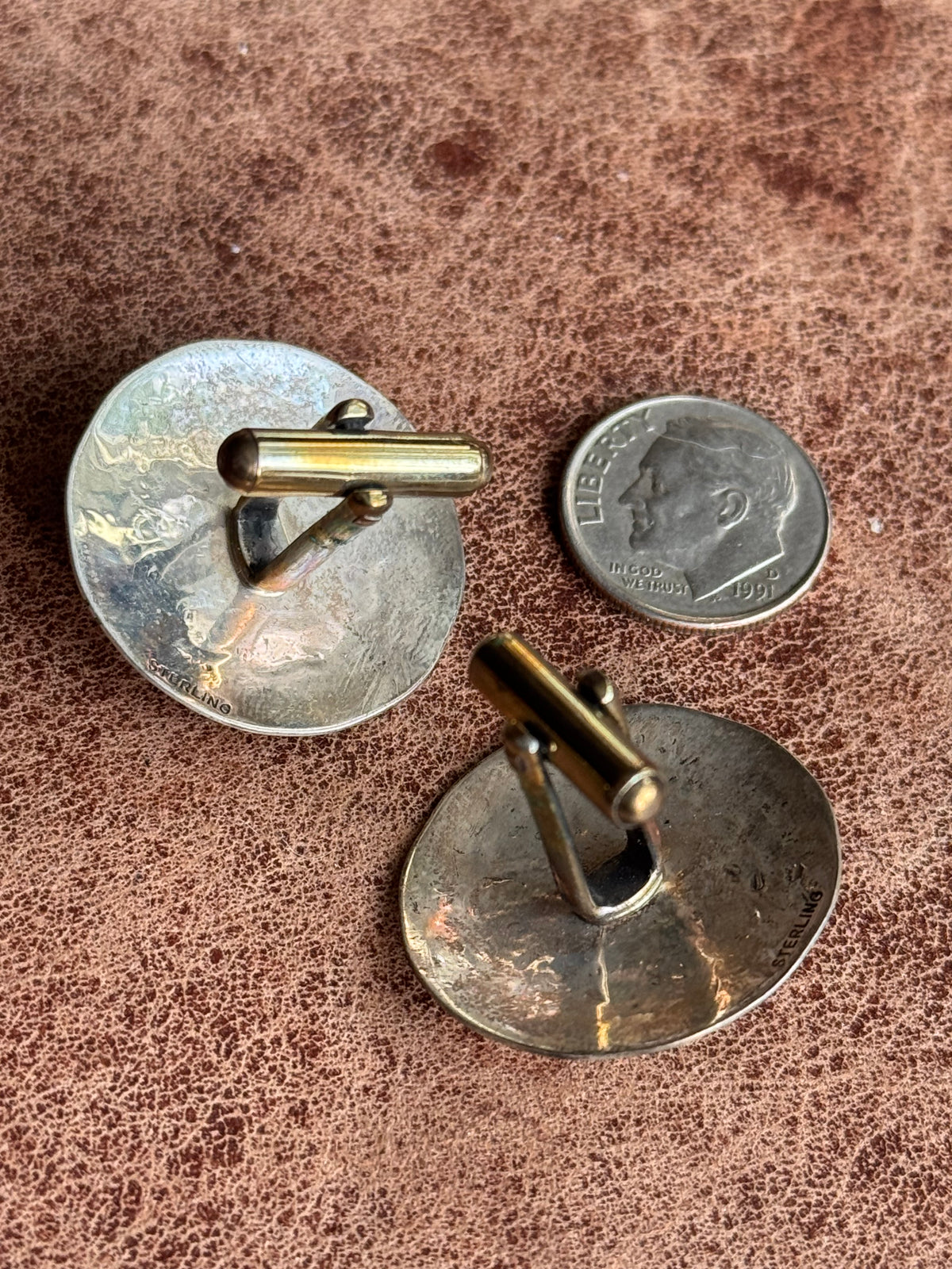 Vintage Sterling Silver Stamped Turquoise Concho Cufflinks