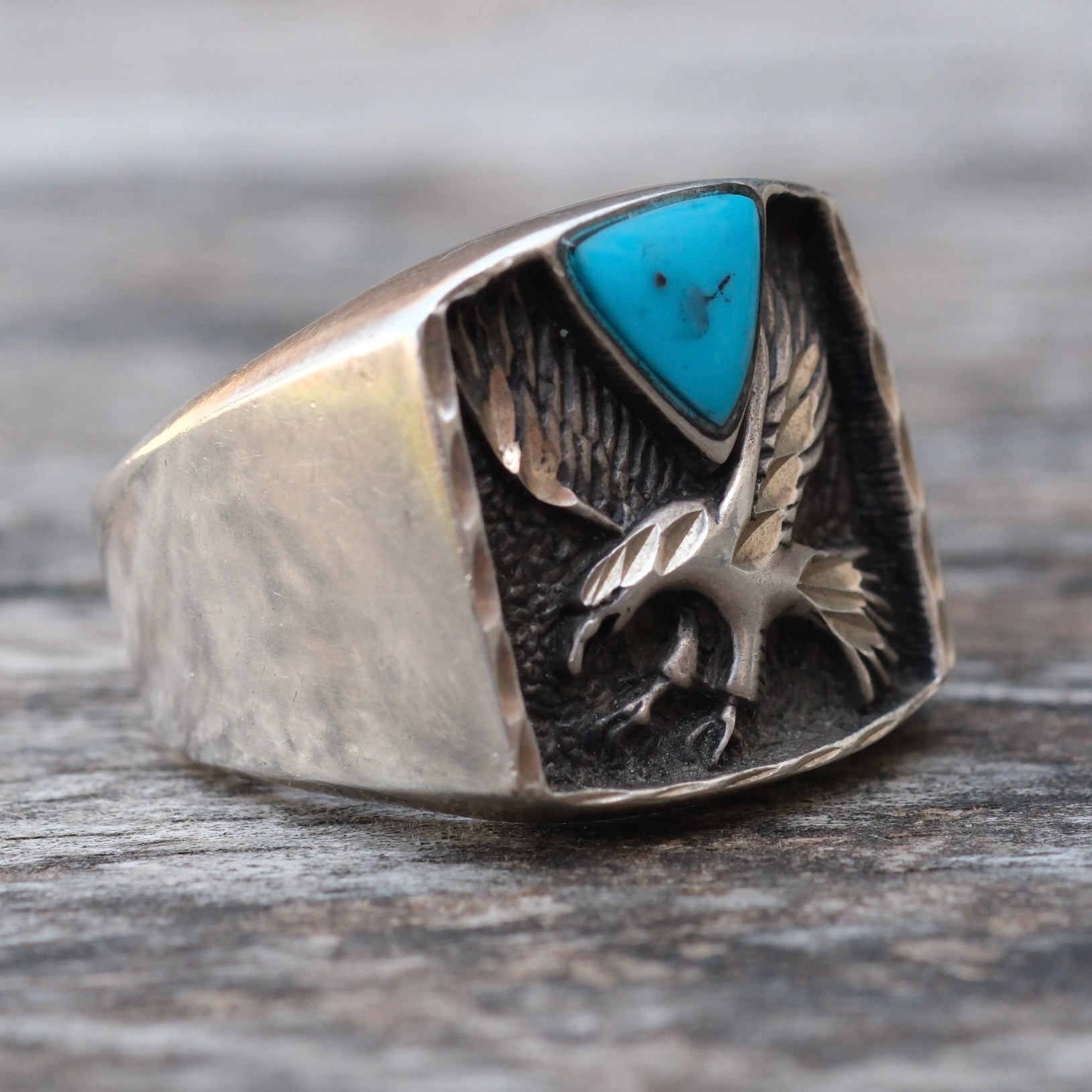 Vintage Sterling Turquoise Eagle Signet Ring 9.75