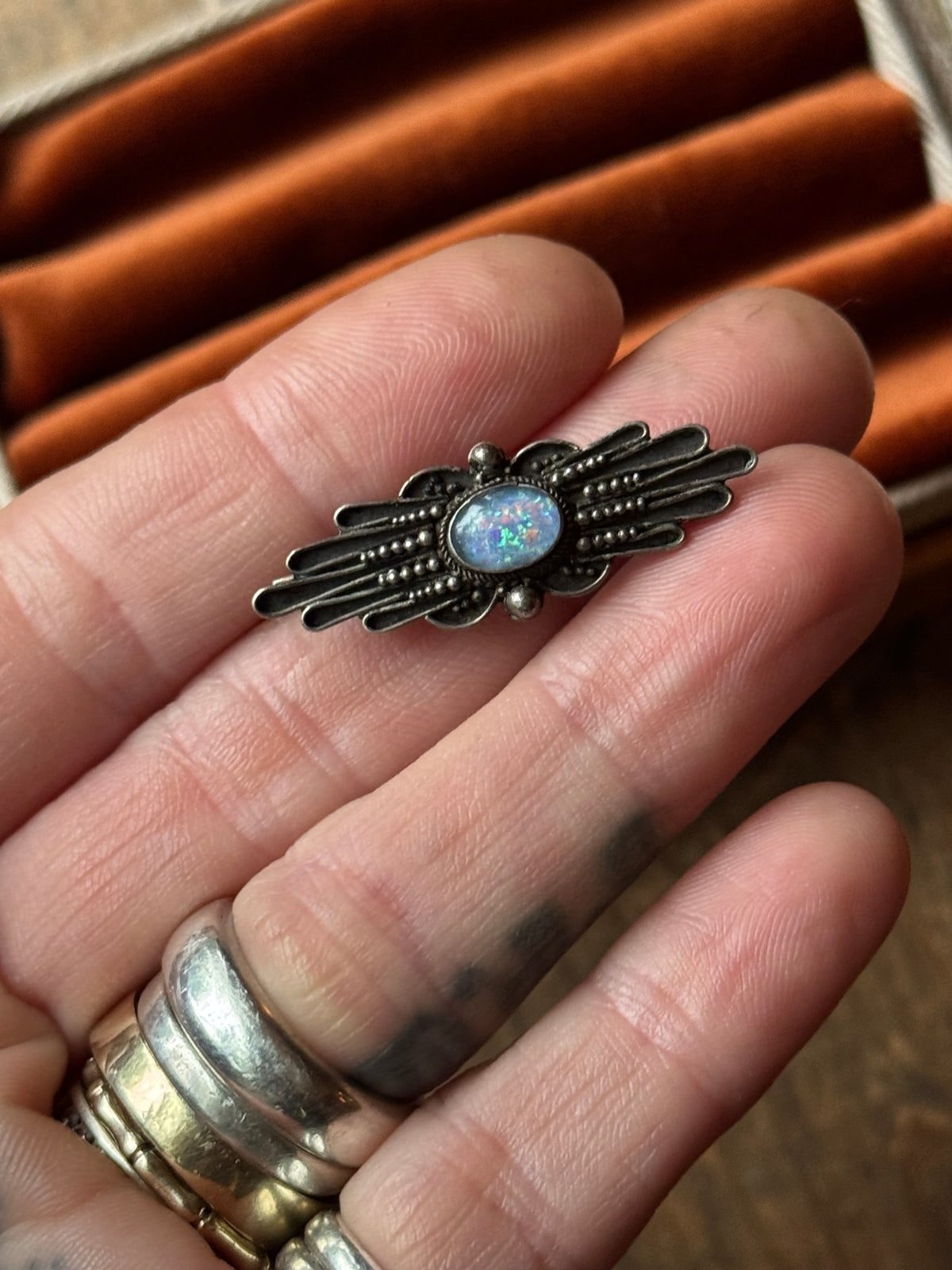 Vintage Sterling Silver Dichroic Glass Deco Pin