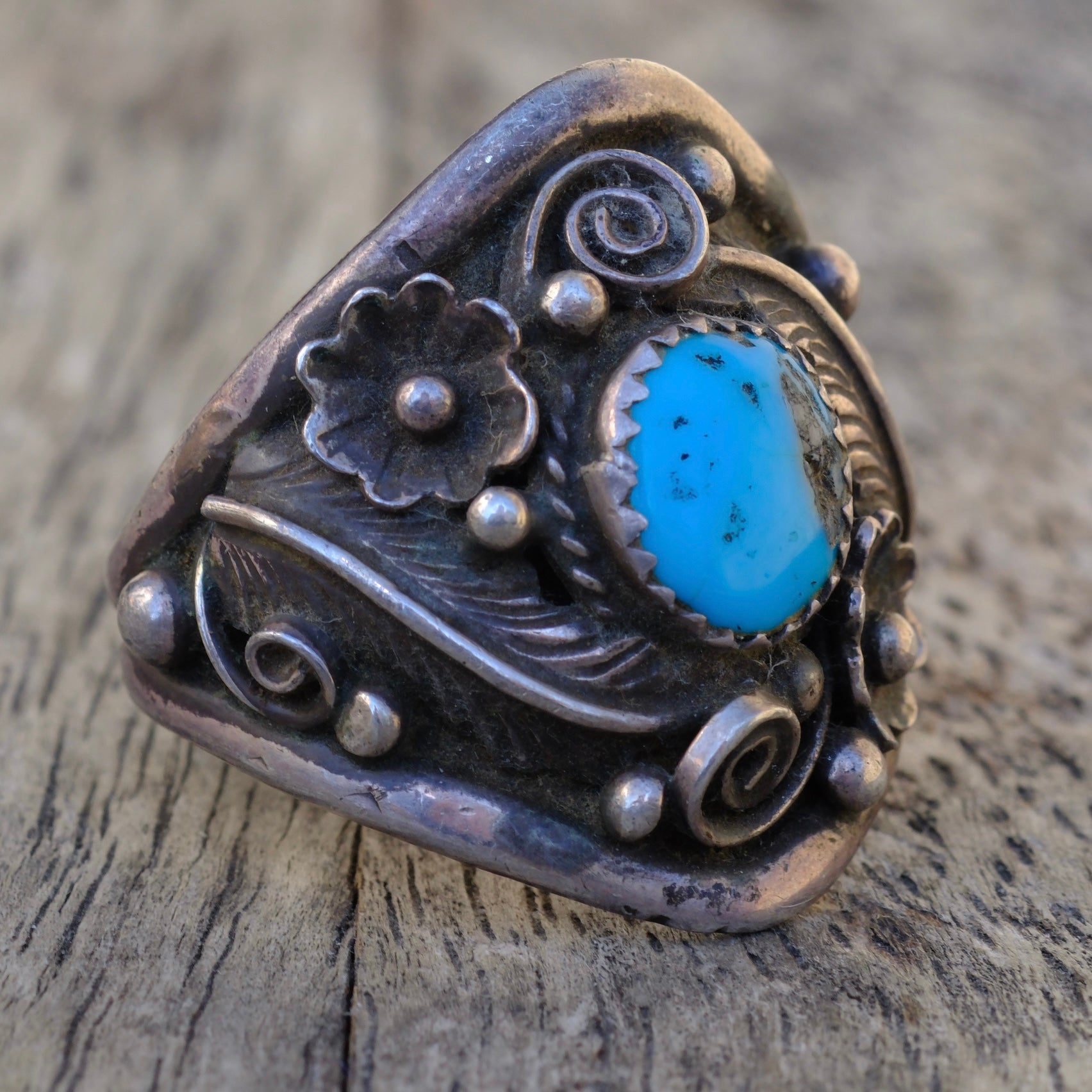 Vintage Sterling Turquoise Feather Ring 11.5