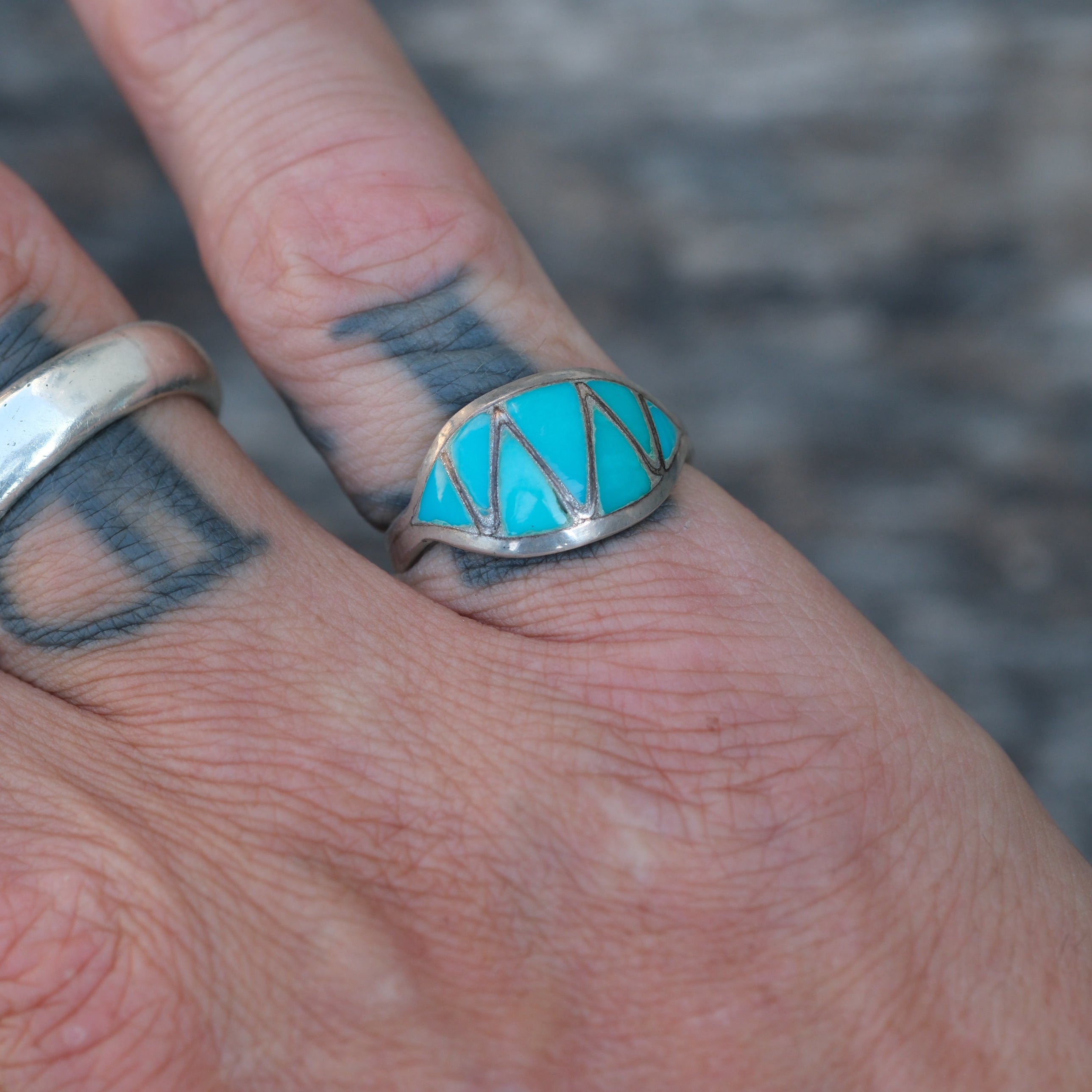 Vintage Sterling Turquoise Inlay Band Ring 6.75