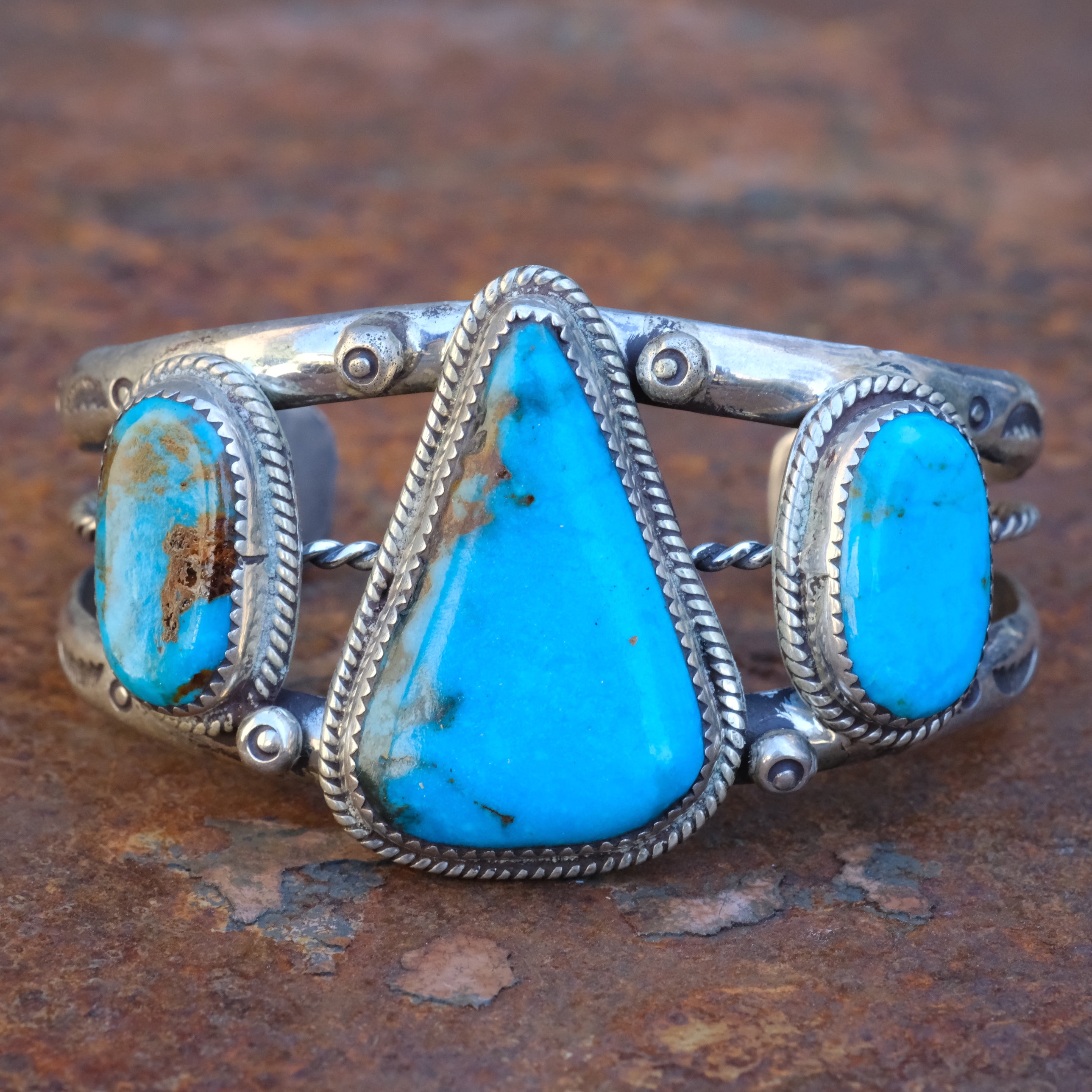 Huge Vintage Sterling 3-Stone Turquoise Cuff Bracelet