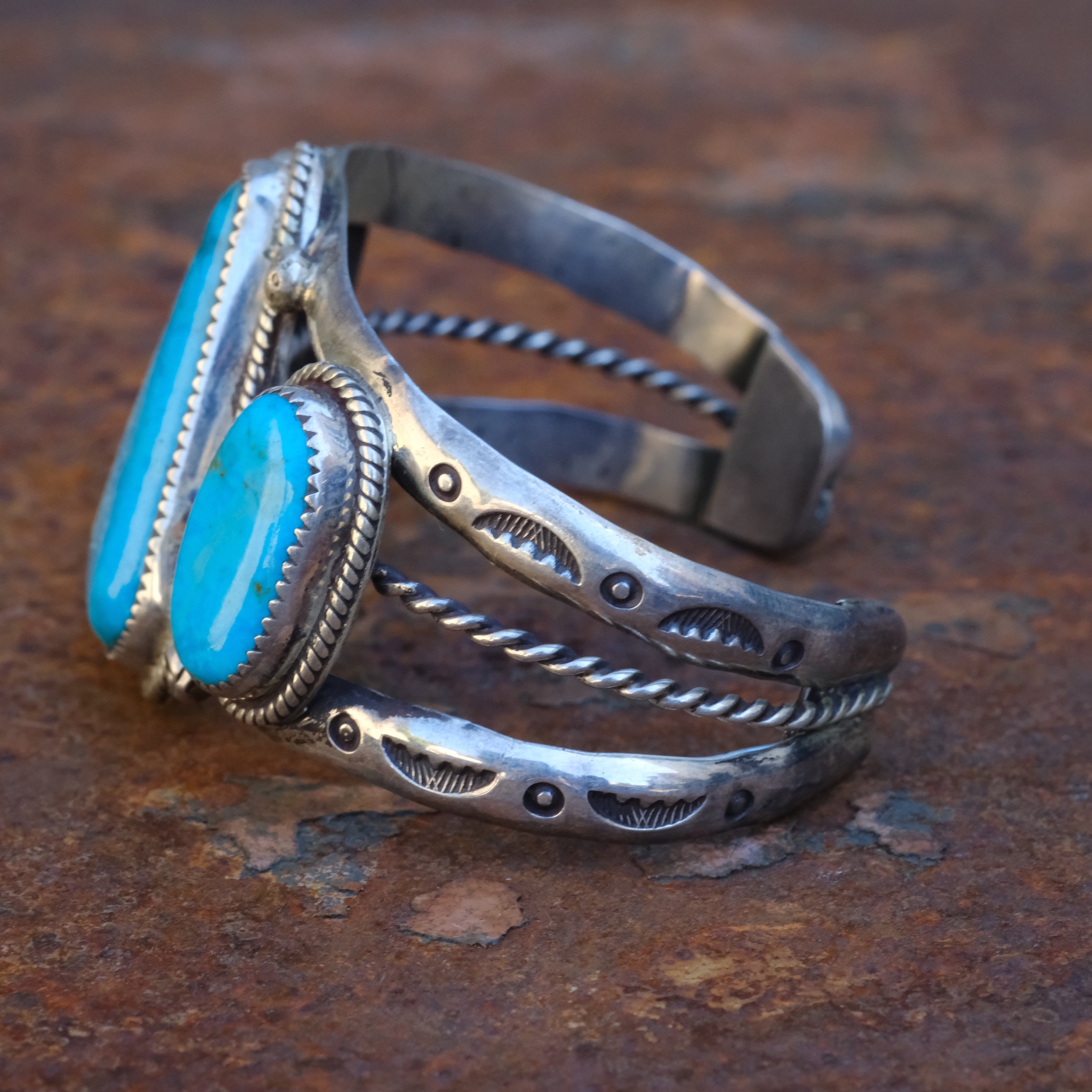 Huge Vintage Sterling 3-Stone Turquoise Cuff Bracelet