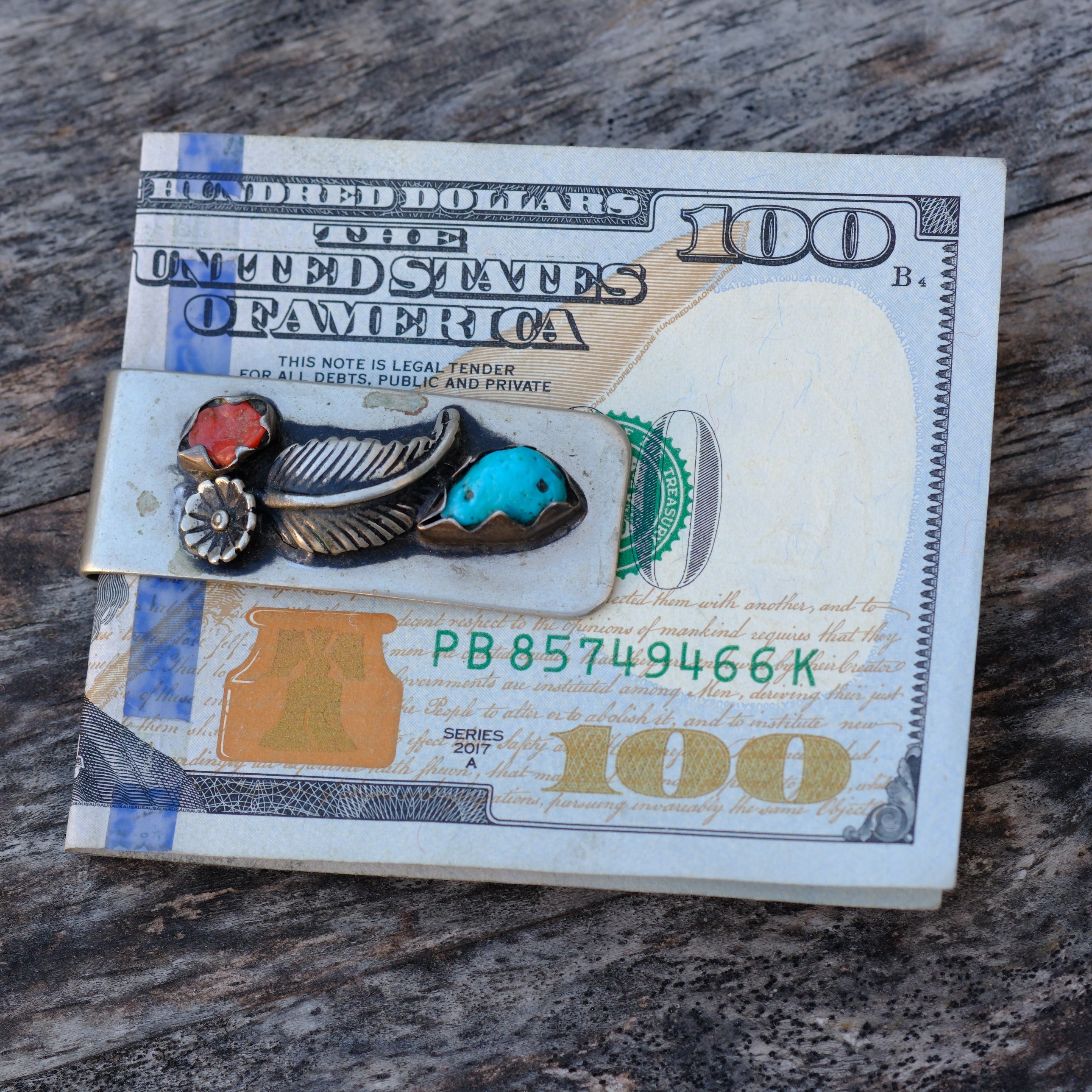 Vintage Sterling Turquoise and Coral Feather Money Clip