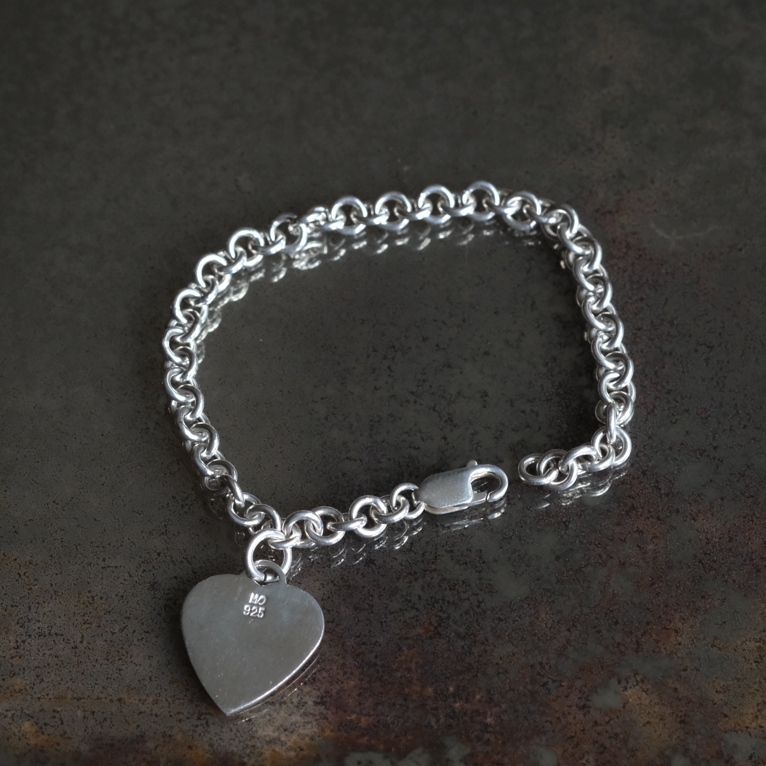 Vintage Sterling Rolo Link Heart ID Bracelet 7.5"