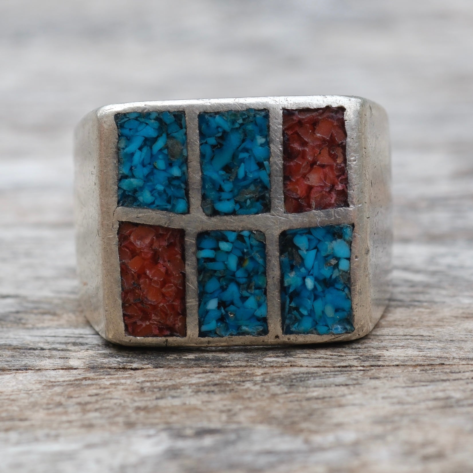 Vintage Sterling Crushed Turquoise and Coral Inlay Ring 9