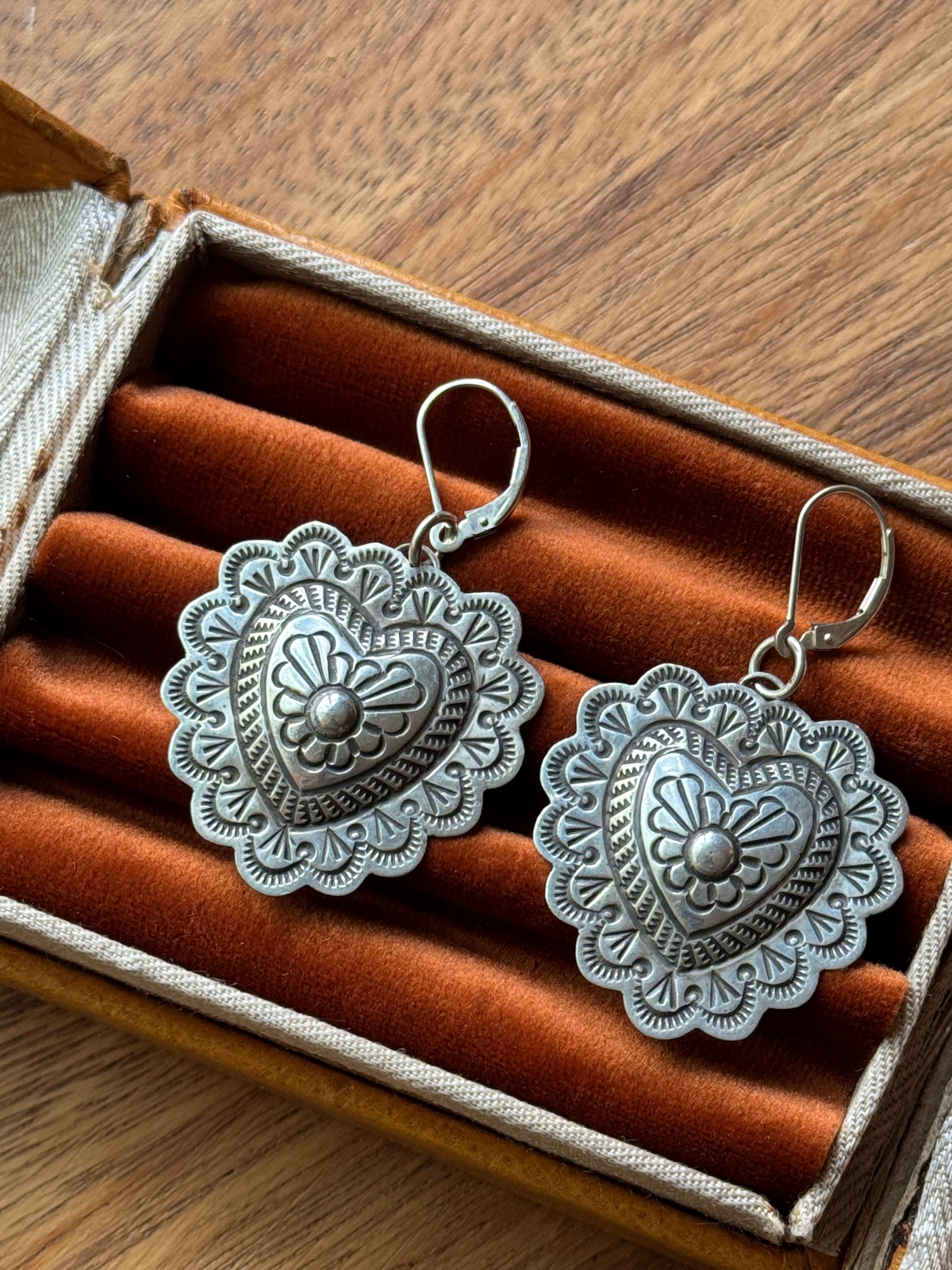 Vintage Sterling Silver Heart Concho Earrings