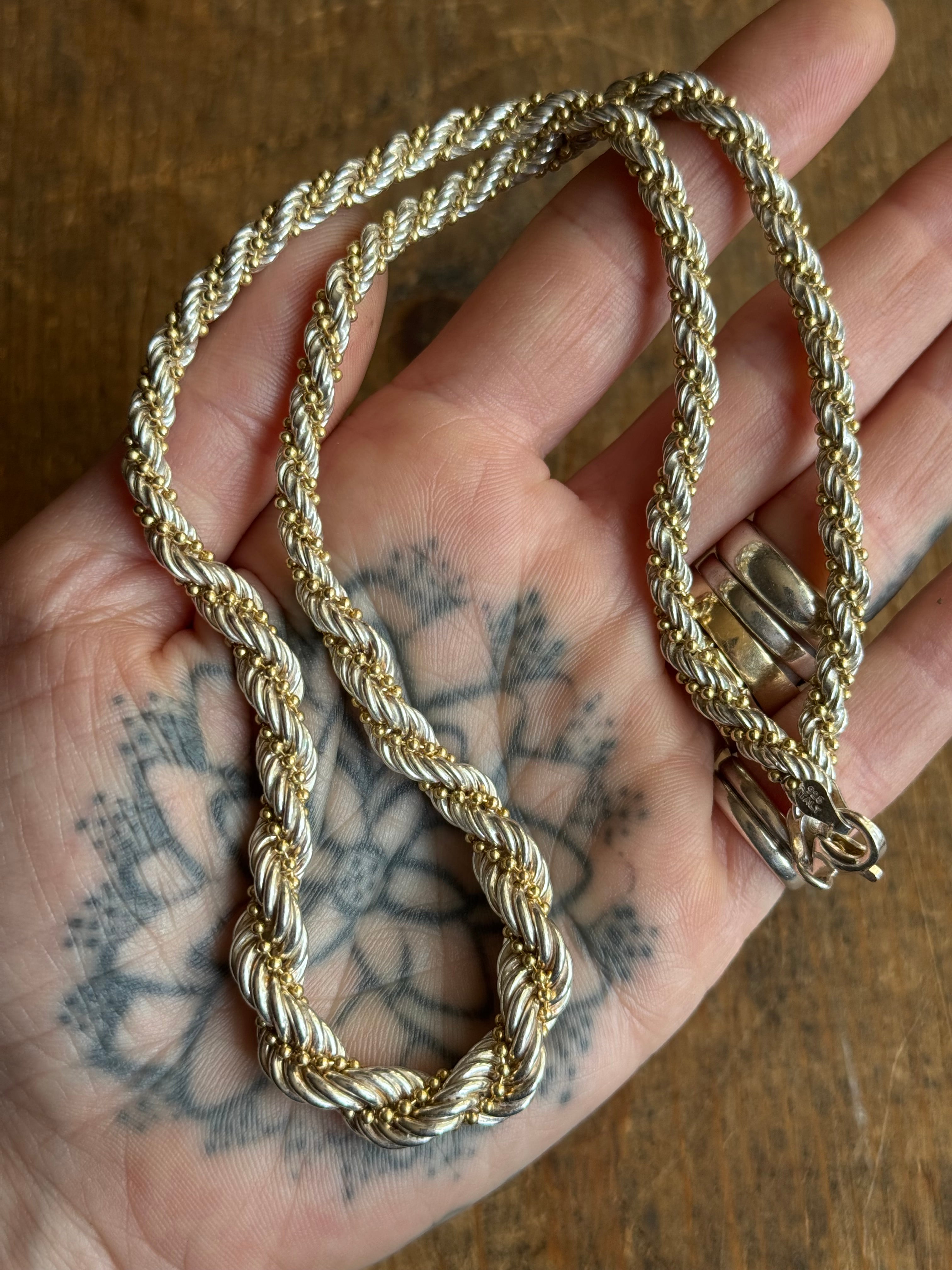 Vintage Sterling Silver 20” Rope & Gold Tone Bead Chain