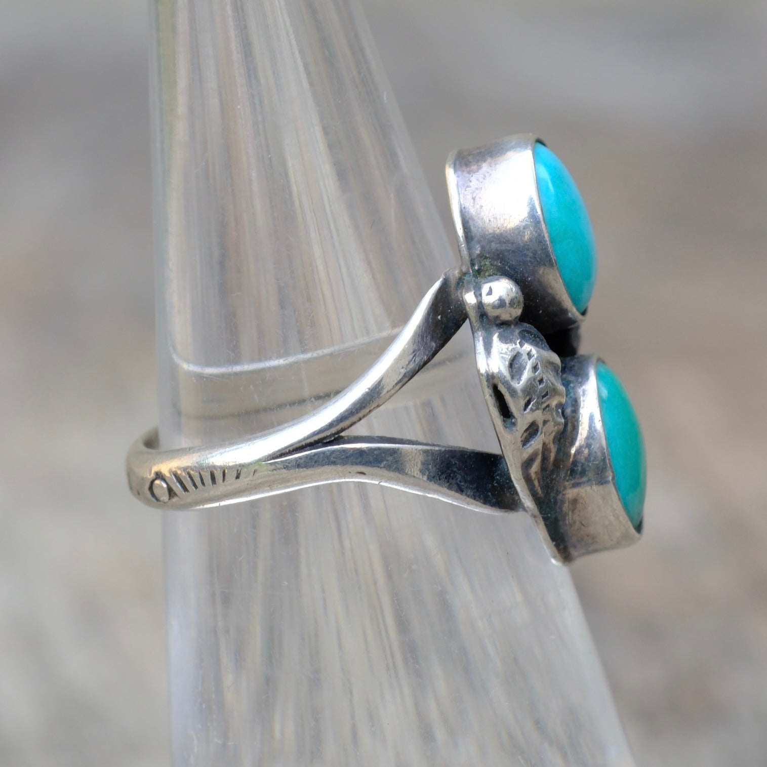 Vintage Sterling 2-Stone Turquoise Feather Ring 4.5