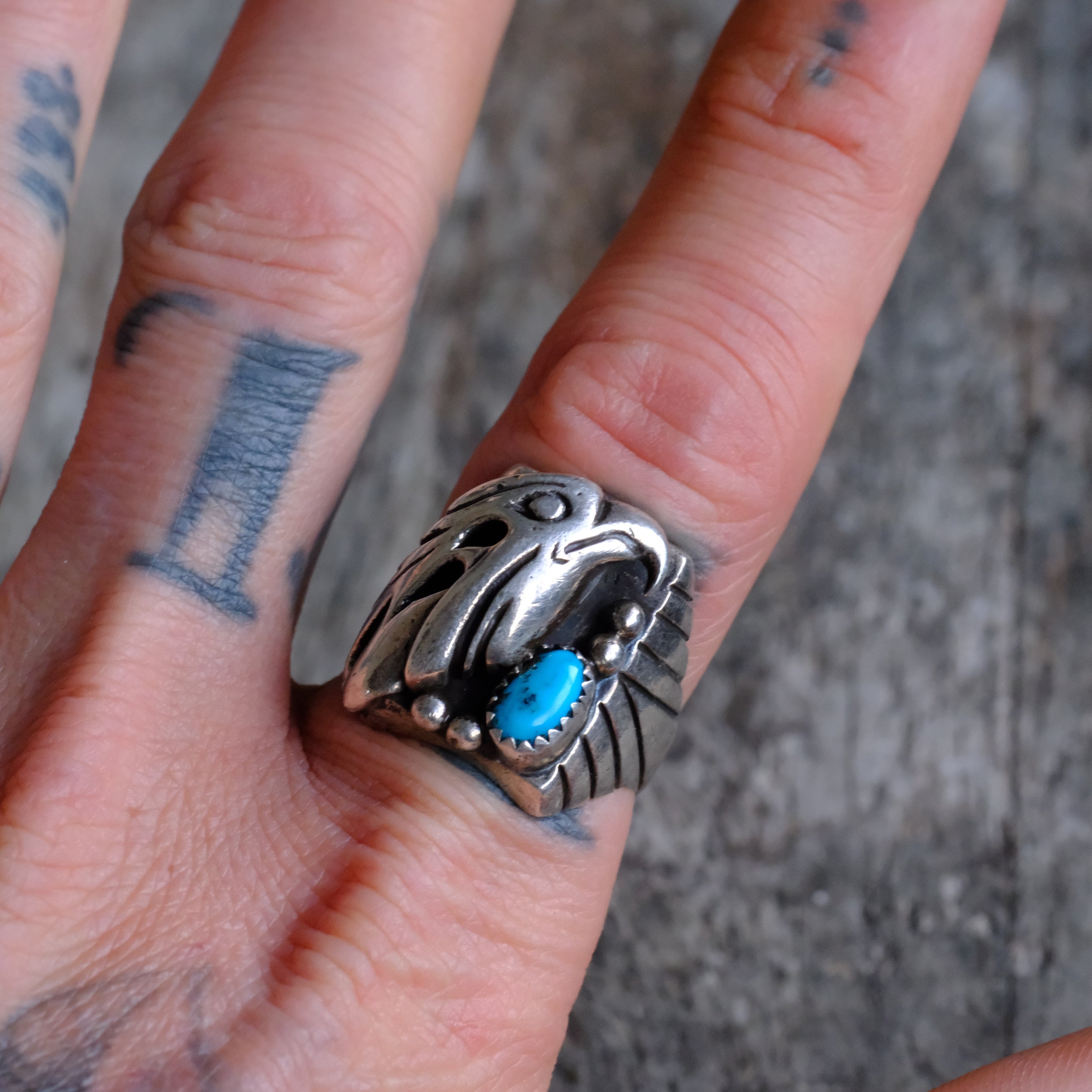 Vintage Sterling Turquoise Eagle Ring 9.5