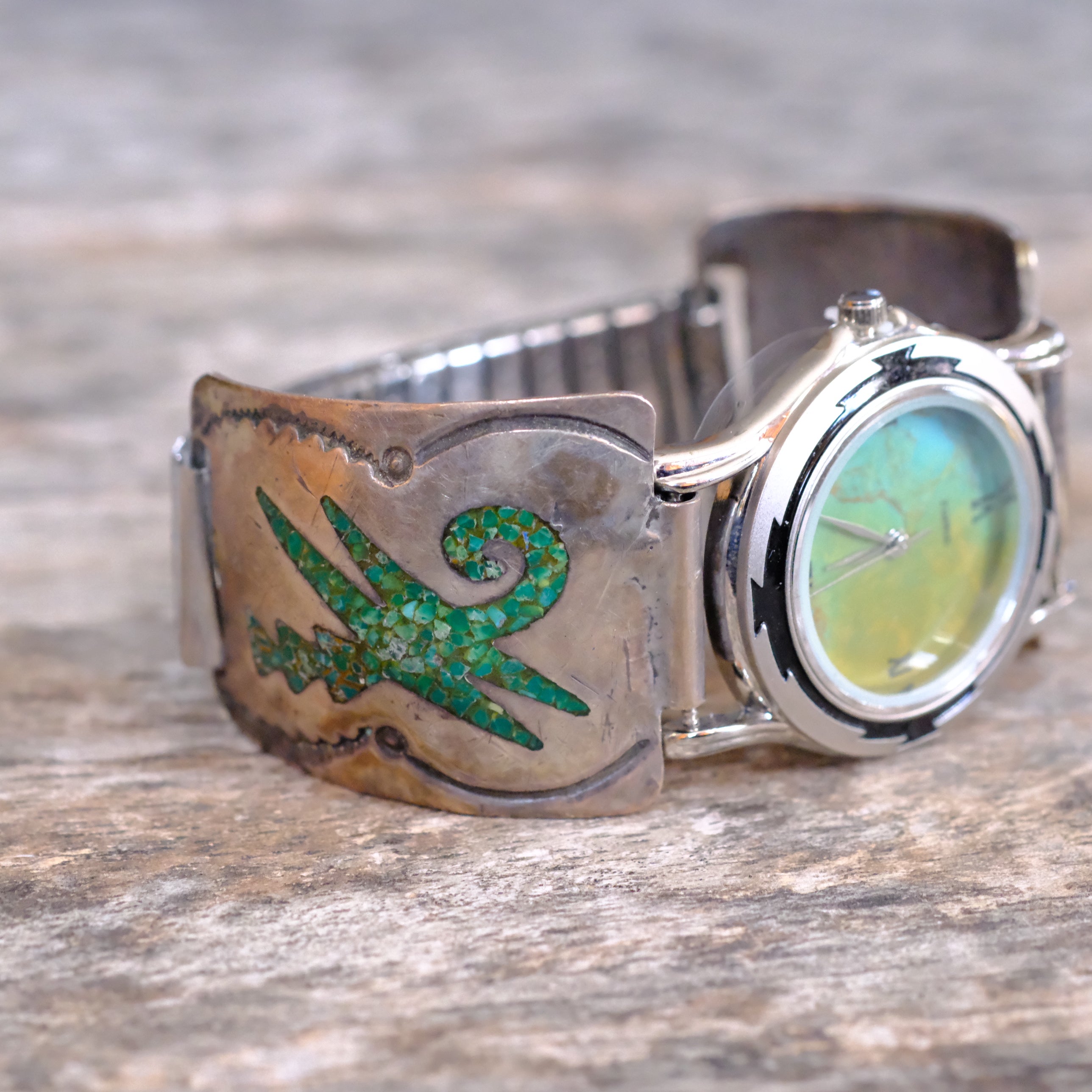 Vintage Sterling Crushed Turquoise Inlay Watch With Turquoise Dial