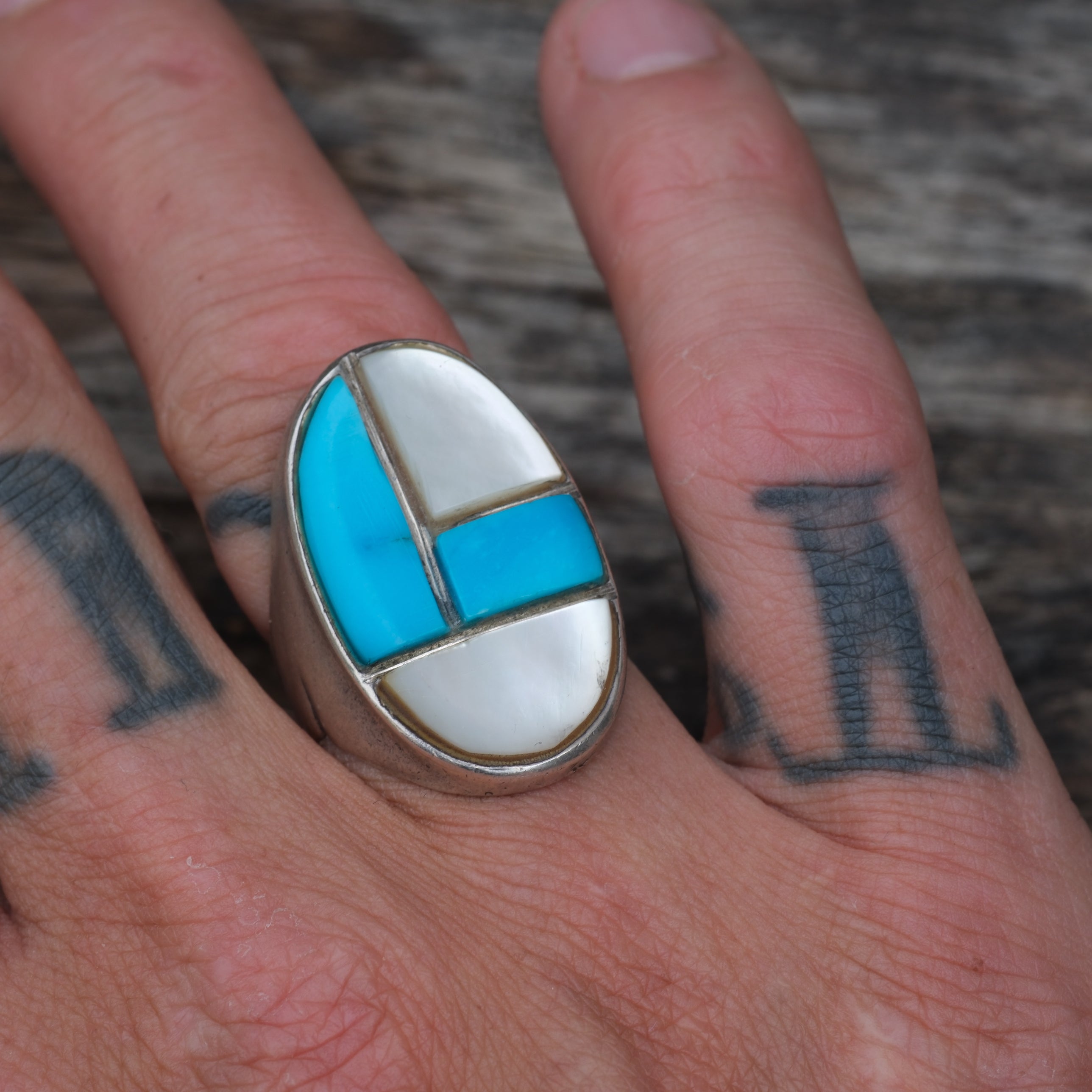 Vintage Sterling Turquoise and Mother Of Pearl Inlay Ring 8.25