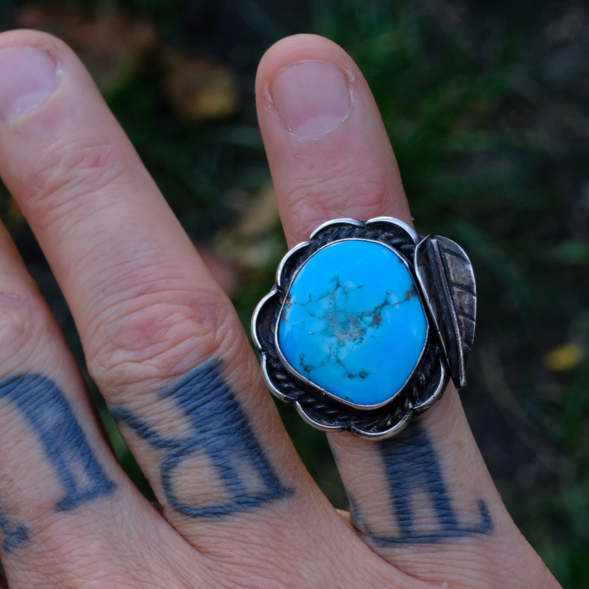 Vintage Sterling Turquoise Feather Ring 5.25