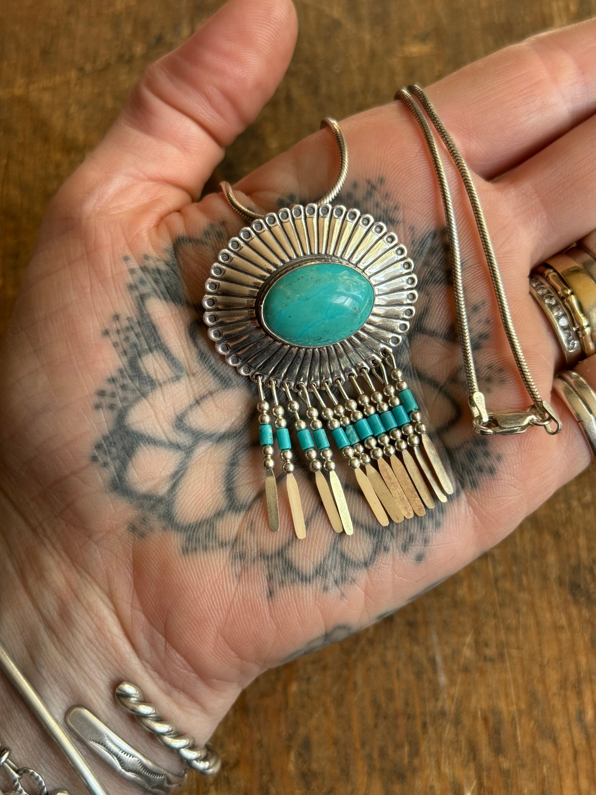 Vintage Sterling Silver Turquoise Fringe Concho Necklace