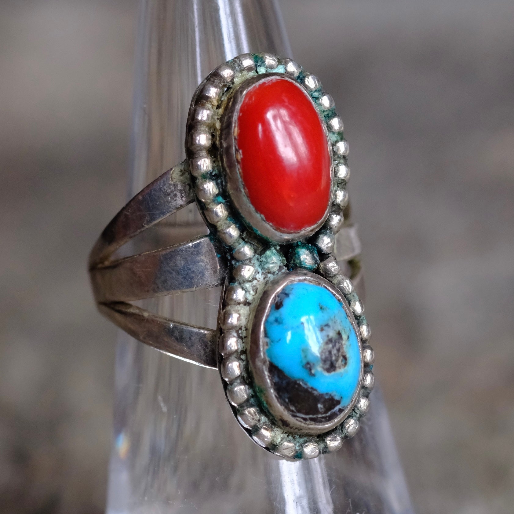 Vintage Sterling Turquoise And Coral Roper Ring 5.75