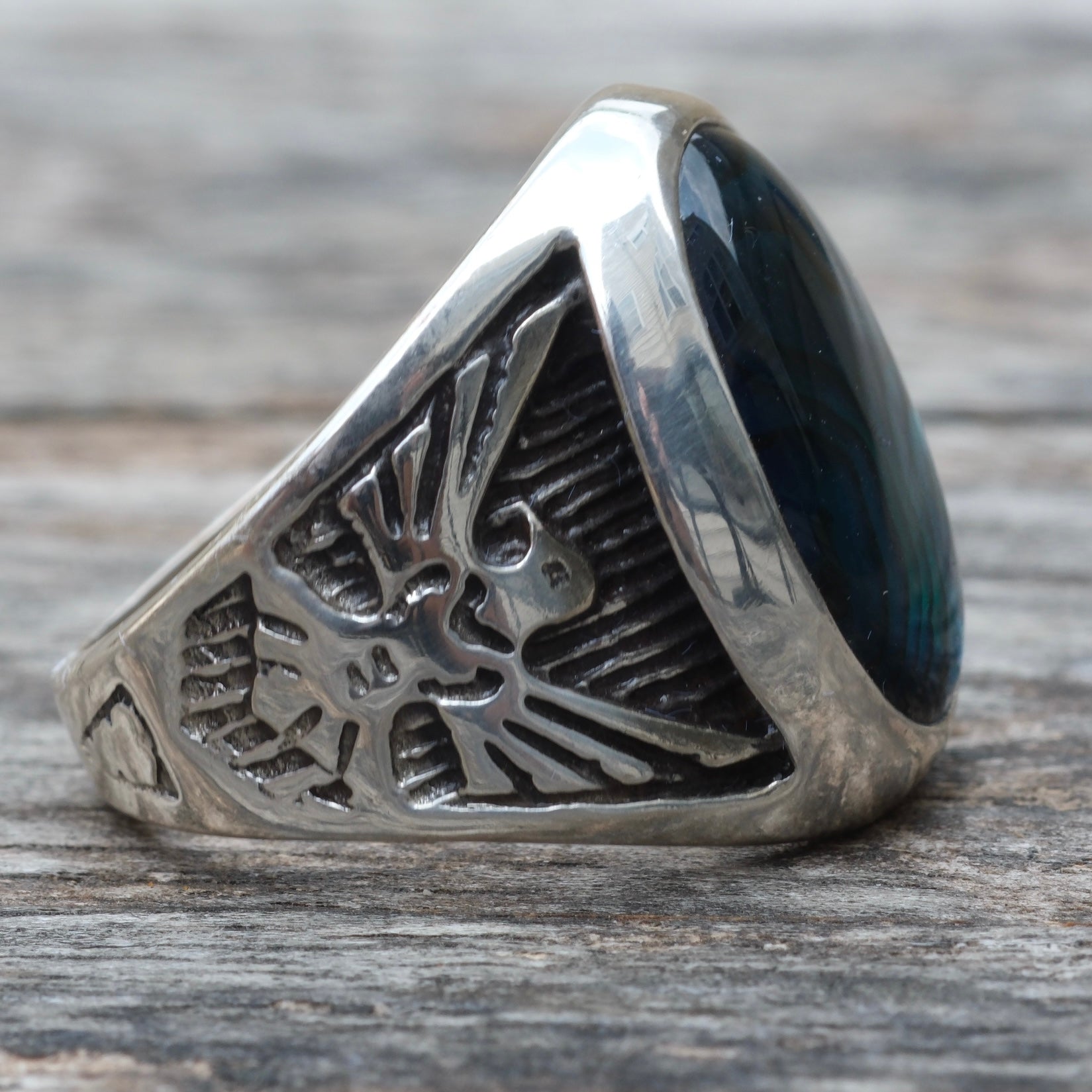 Vintage Sterling Blue Abalone Thunderbird Ring 8.75