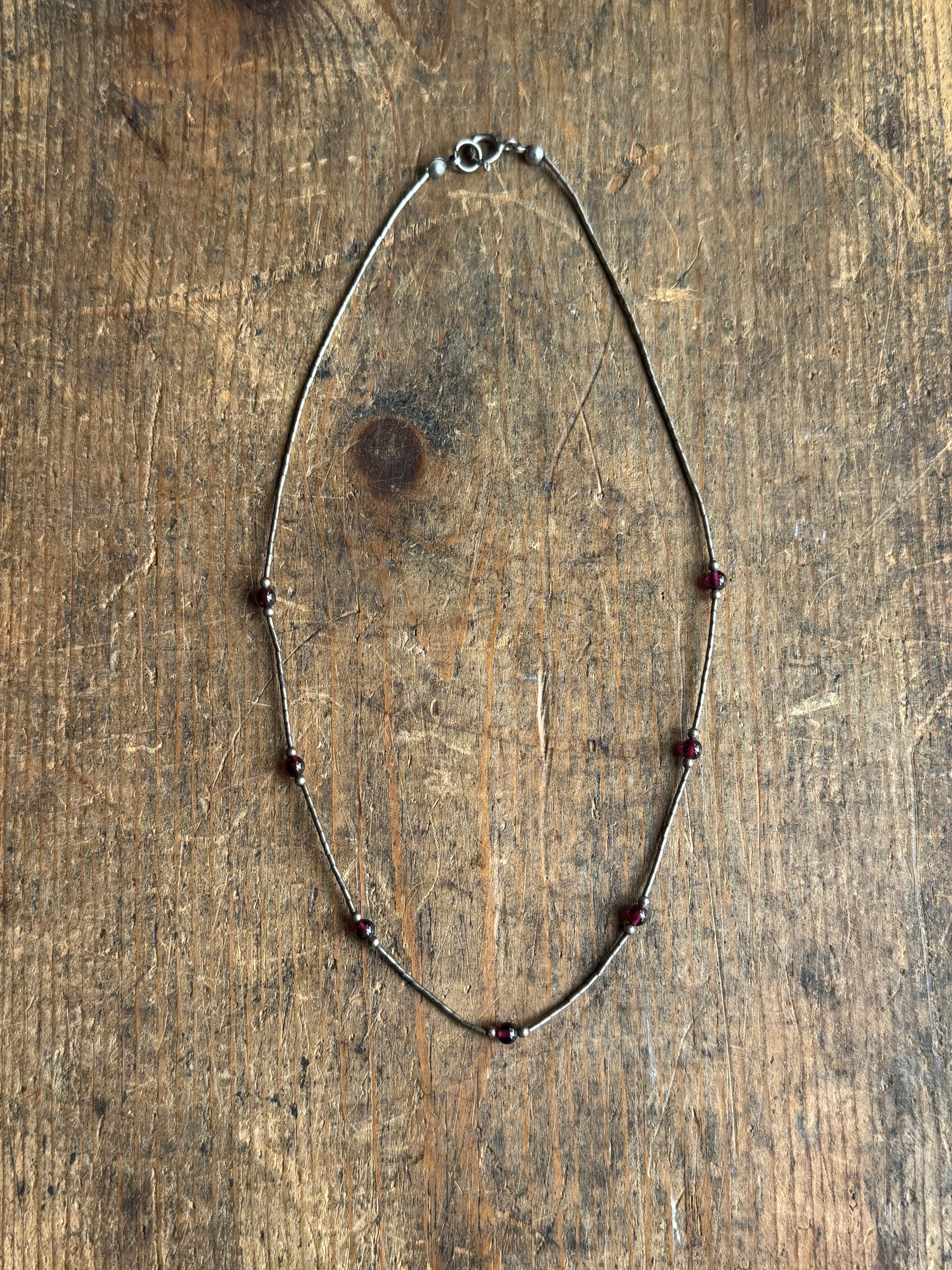 Vintage Sterling Silver 16” Garnet & Silver Bead Necklace