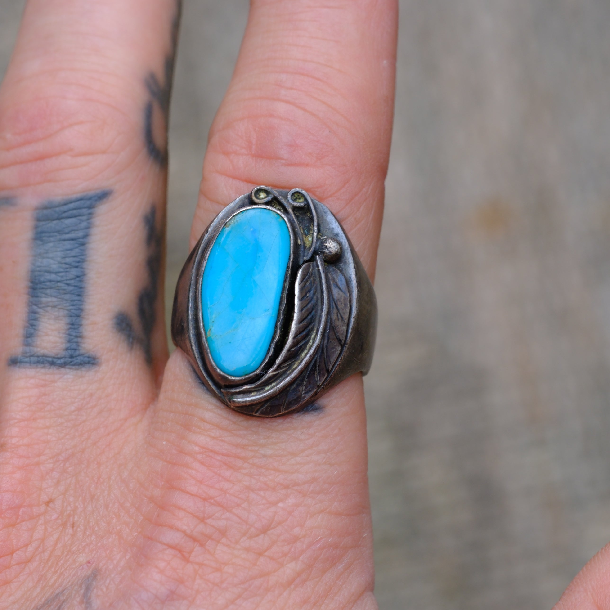 Vintage Sterling Turquoise Feather Ring 10