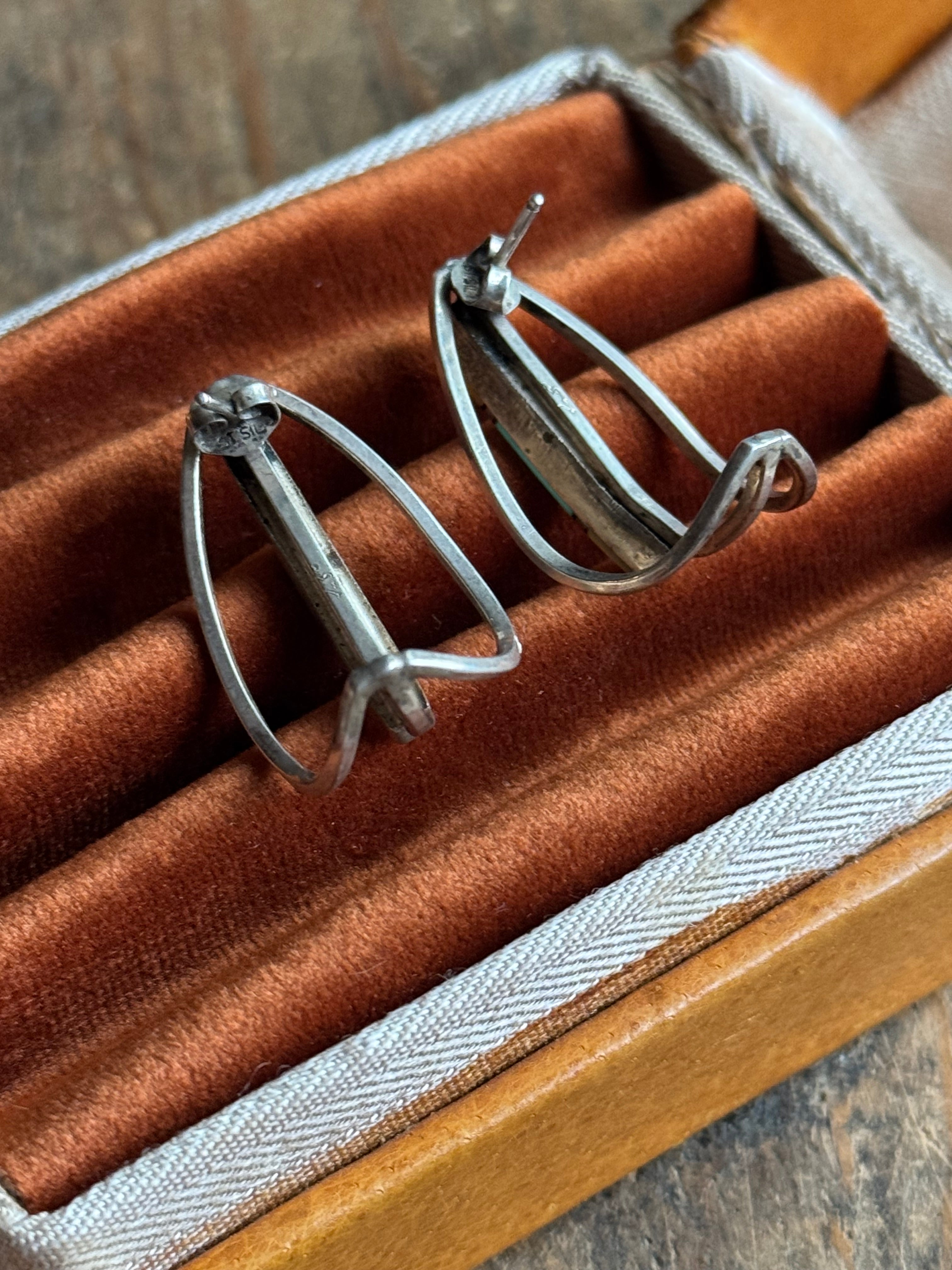 Vintage Sterling Silver Multistone Inlay Half Hoop Earrings