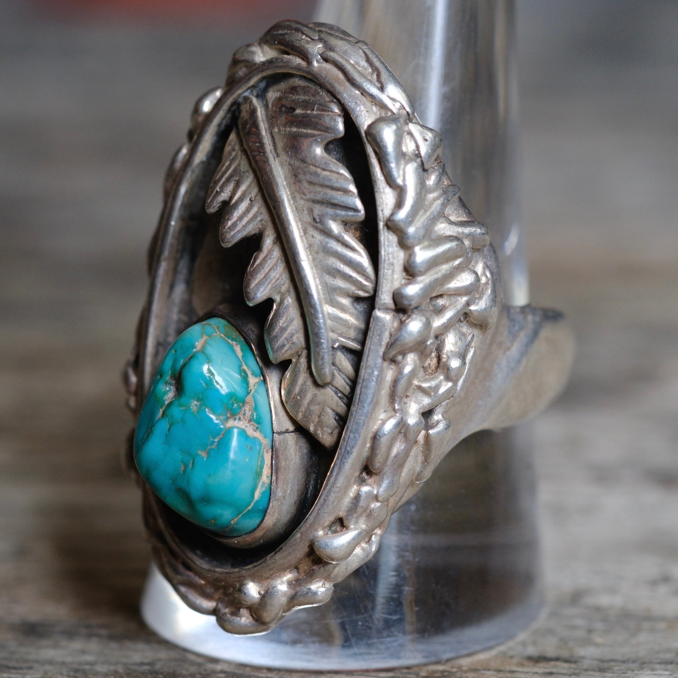 Vintage Sterling Turquoise Feather Ring 10.25
