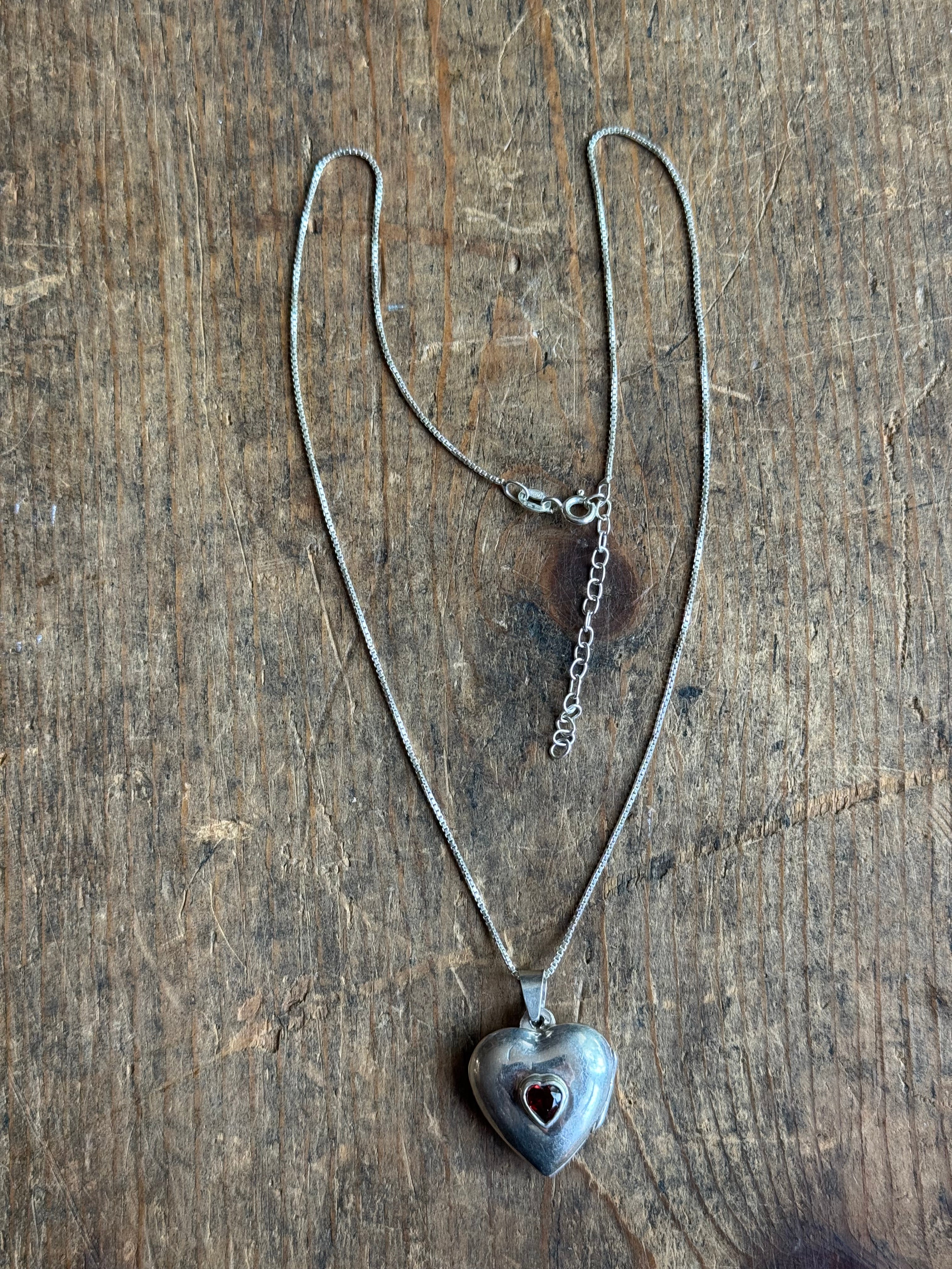 Vintage Sterling Silver Garnet Heart Locket Necklace