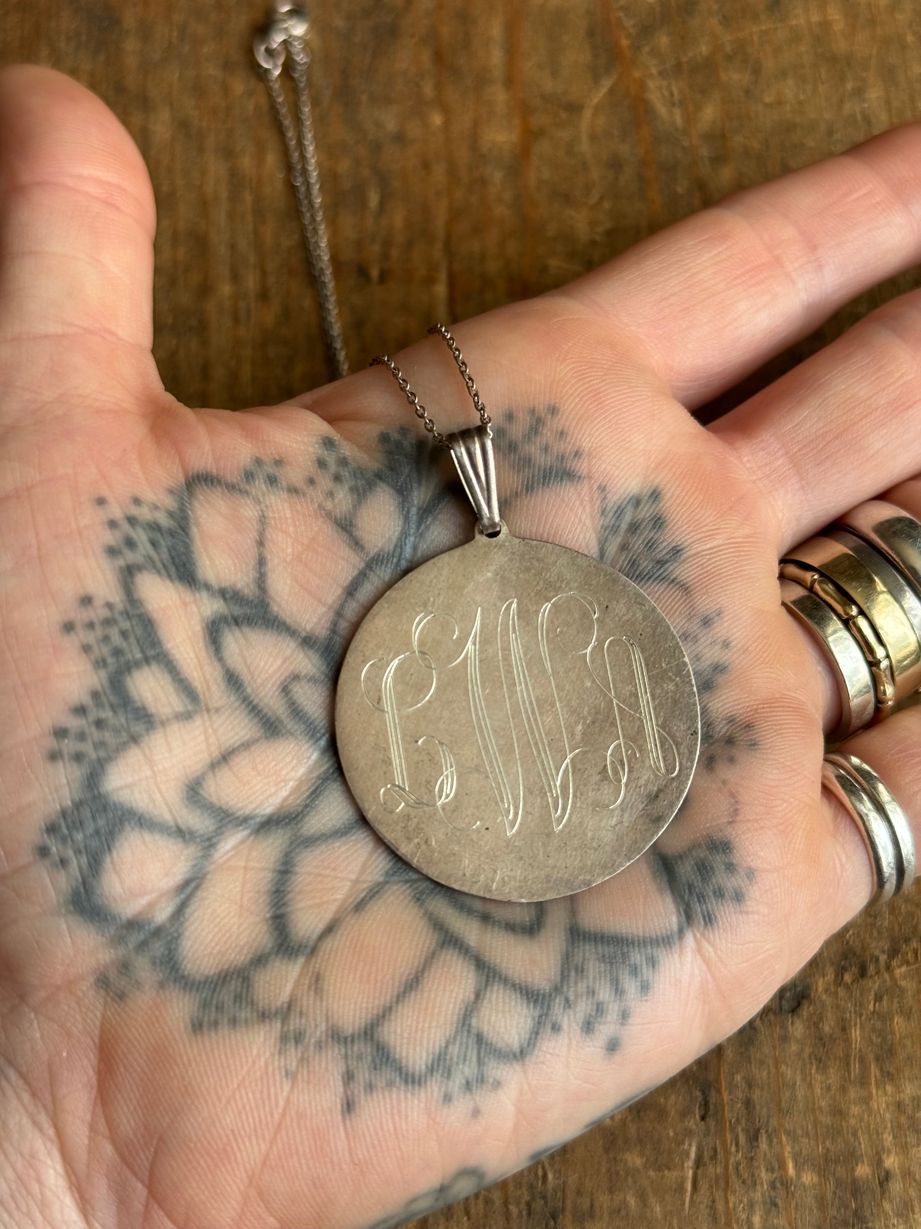 Vintage Sterling Silver Engraved ‘LWA’ Medallion Necklace