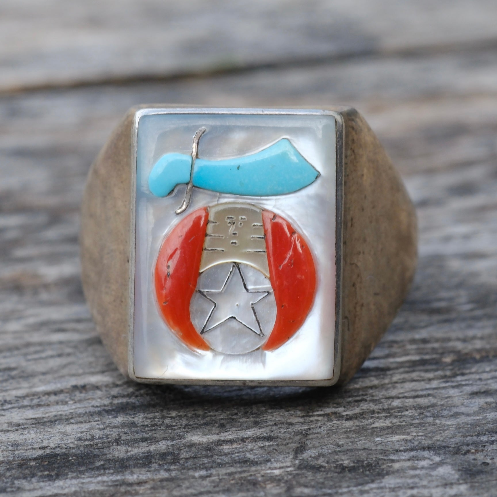 Vintage Sterling Zuni Inlay Shriners Ring 10.75
