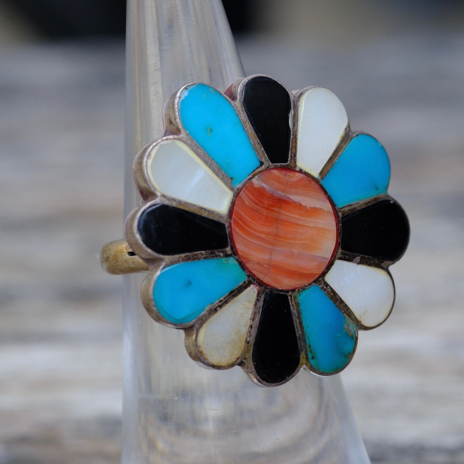 Vintage Sterling Multi Stone Inlay Flower Ring 5