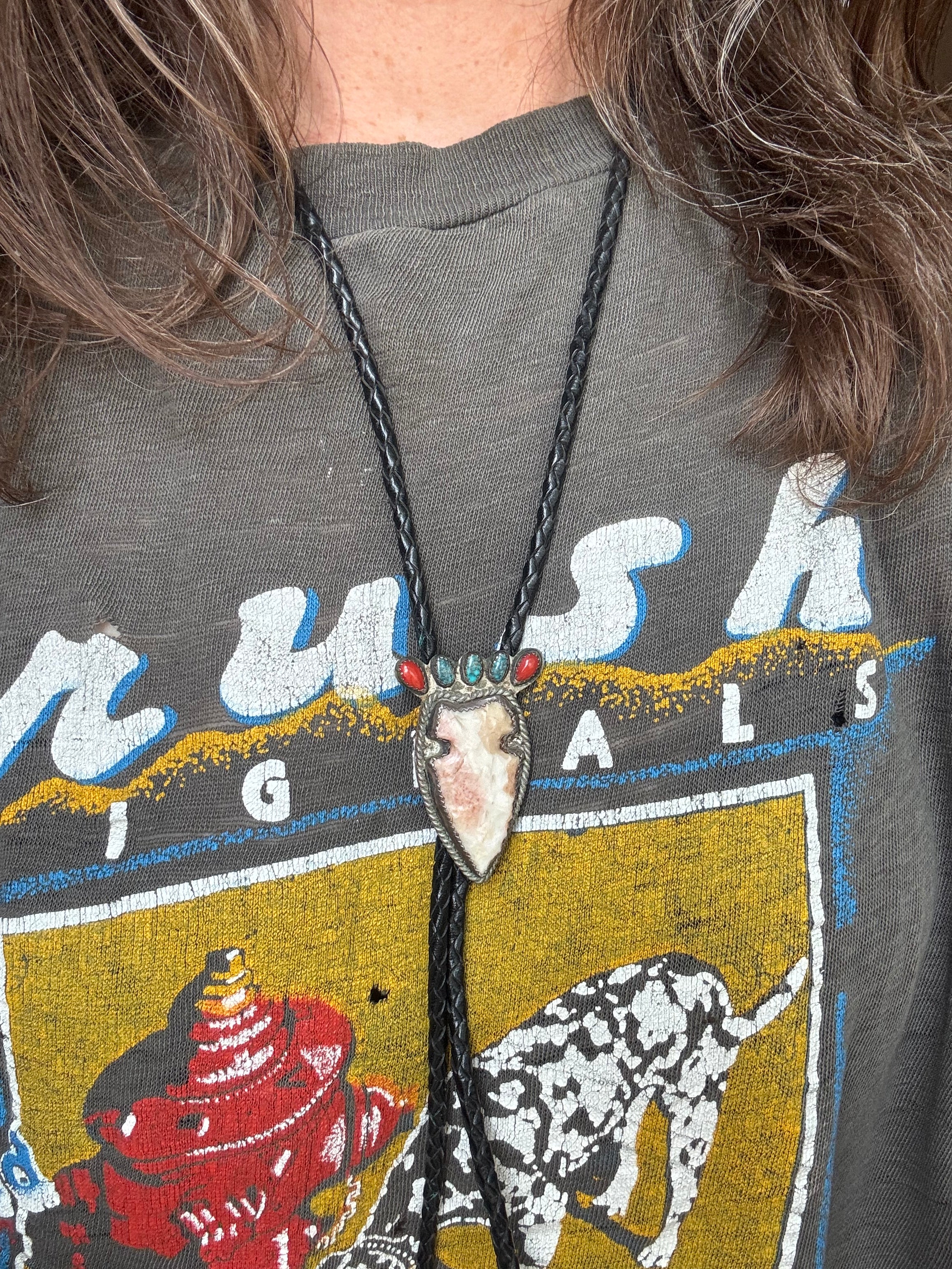 Vintage Sterling Silver Turquoise & Coral Arrowhead Bolo