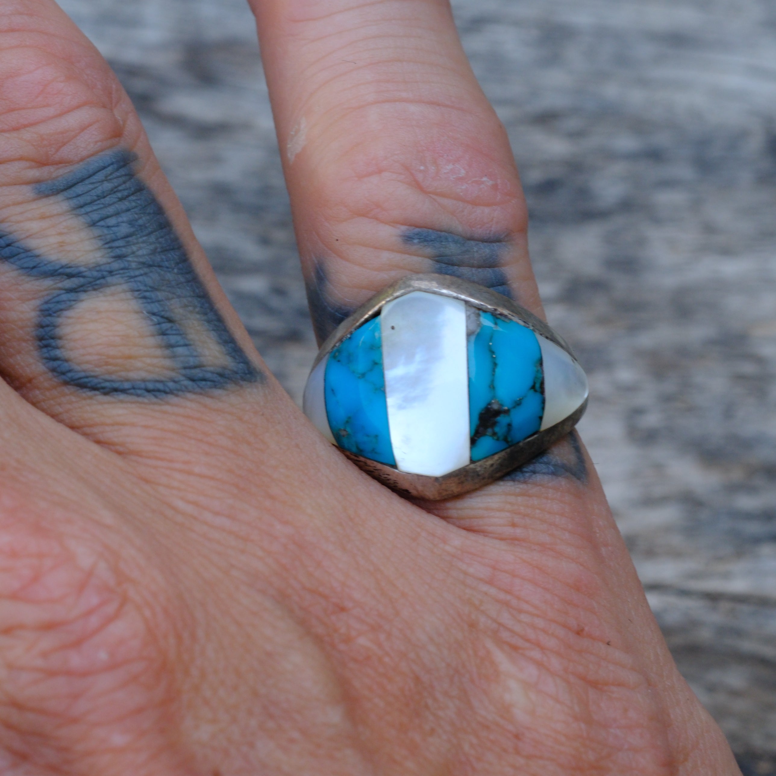 Vintage Sterling Turquoise and Mother Of Pearl Inlay Ring 7.25