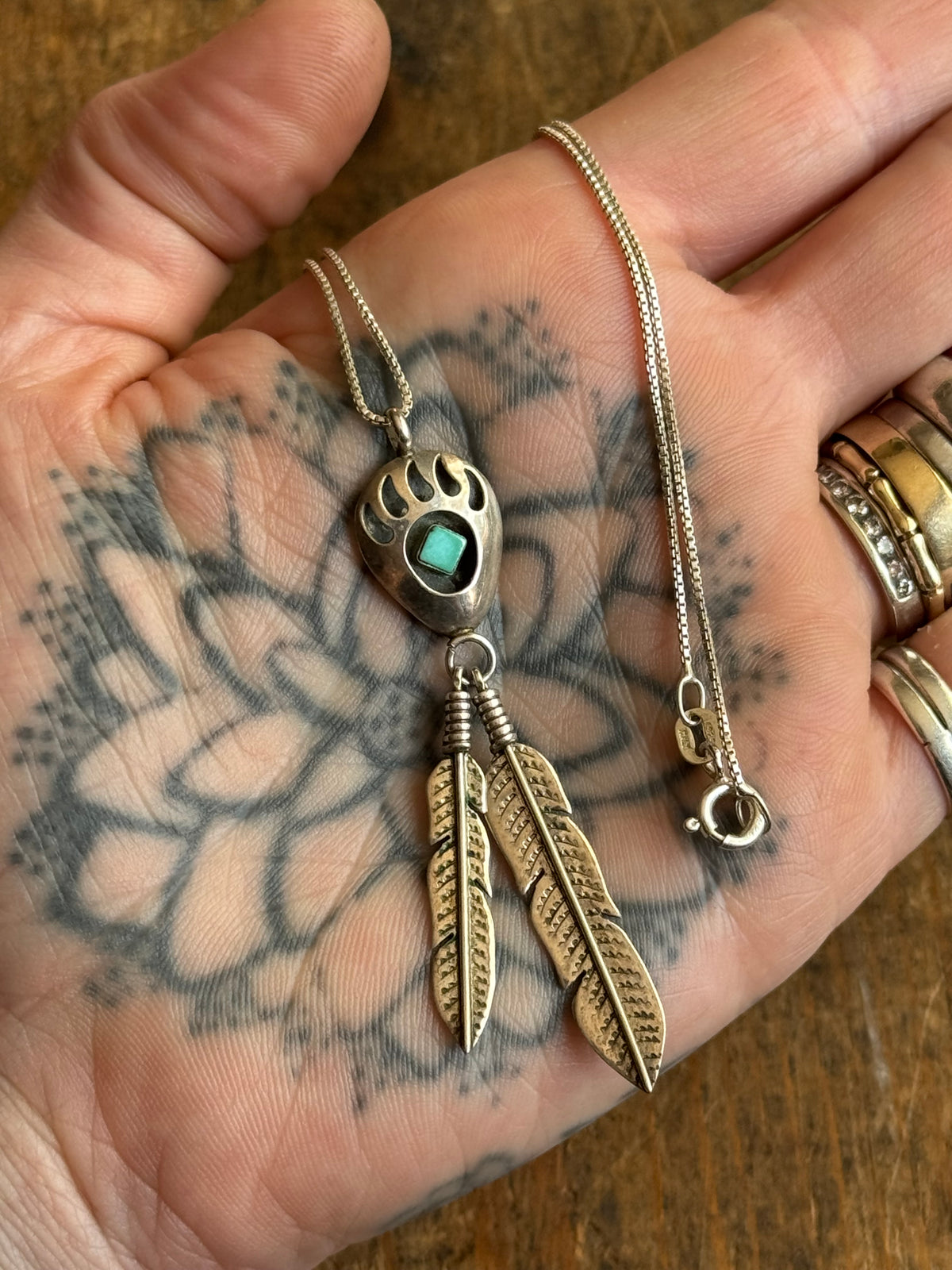 Vintage Sterling Silver Turquoise Feather Shadowbox Necklace