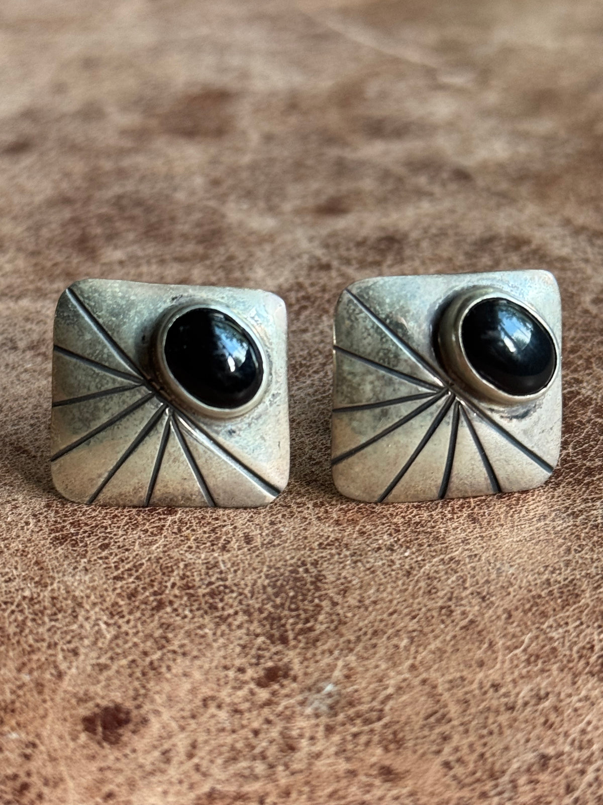 Vintage Sterling Silver Stamped Onyx Square Cufflinks