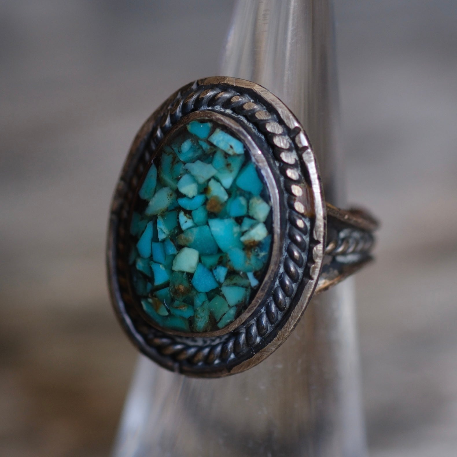 Vintage Sterling Turquoise Chip Inlay Roper Ring 4